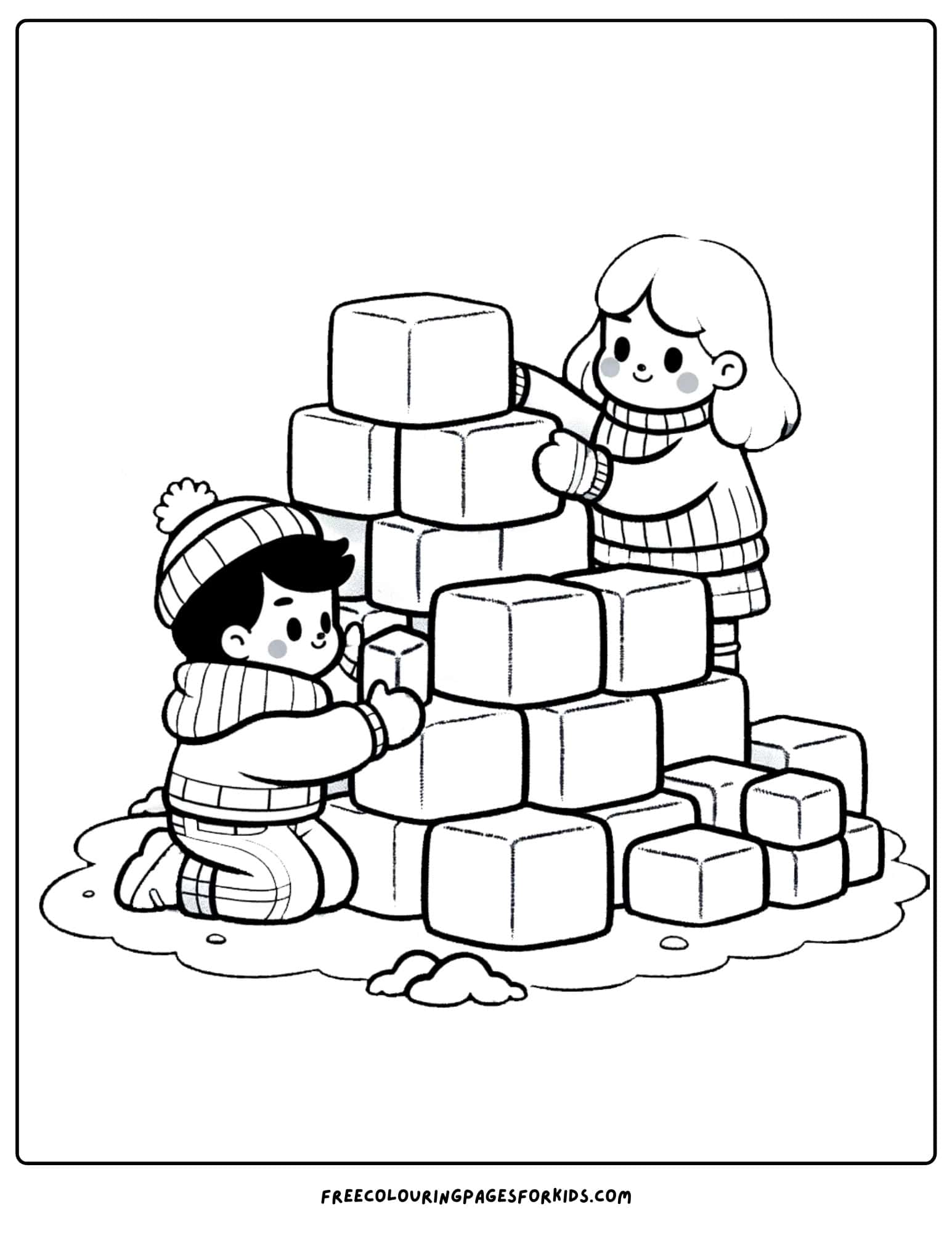 winter time kids building a fort coloring page