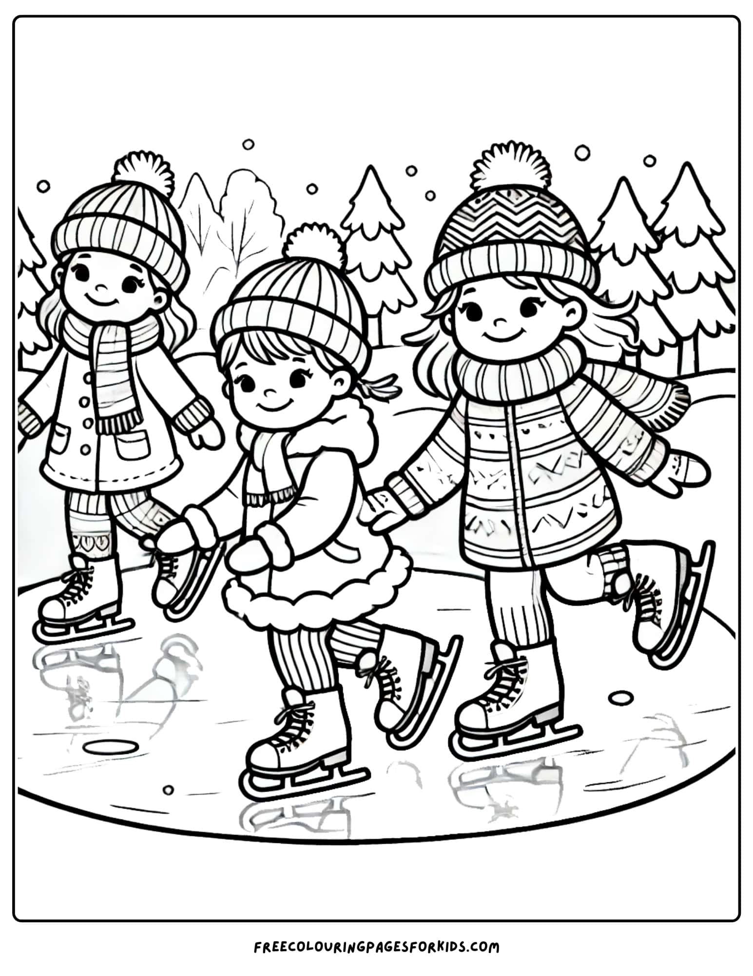 winter time ice skating kids coloring page