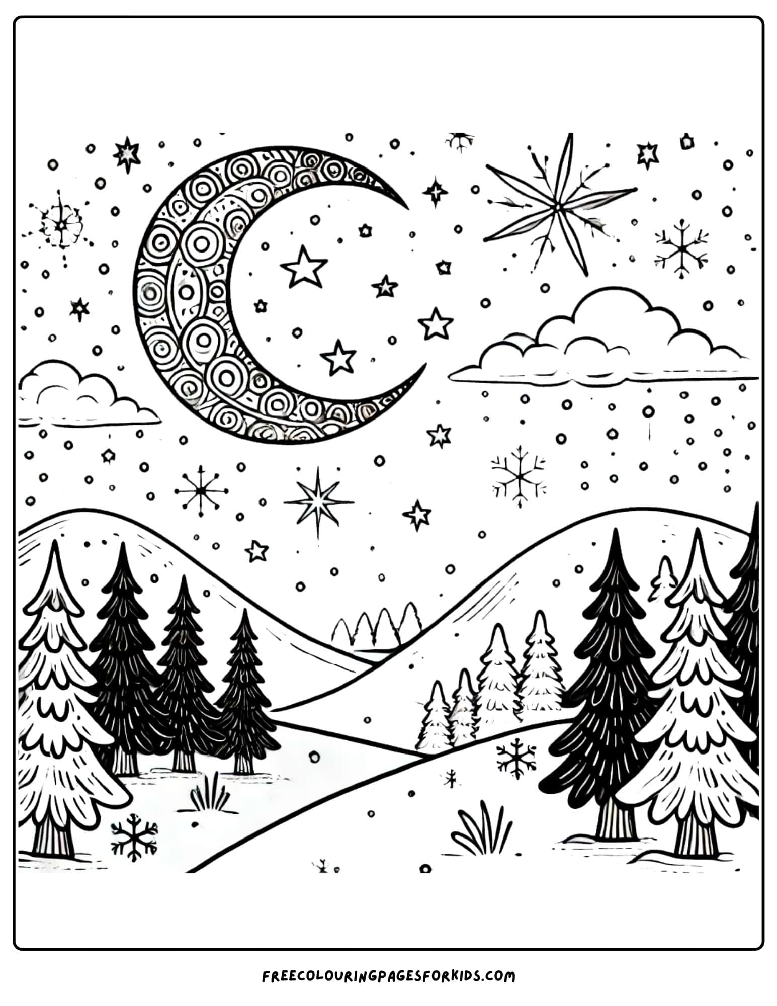 winter night scene coloring page