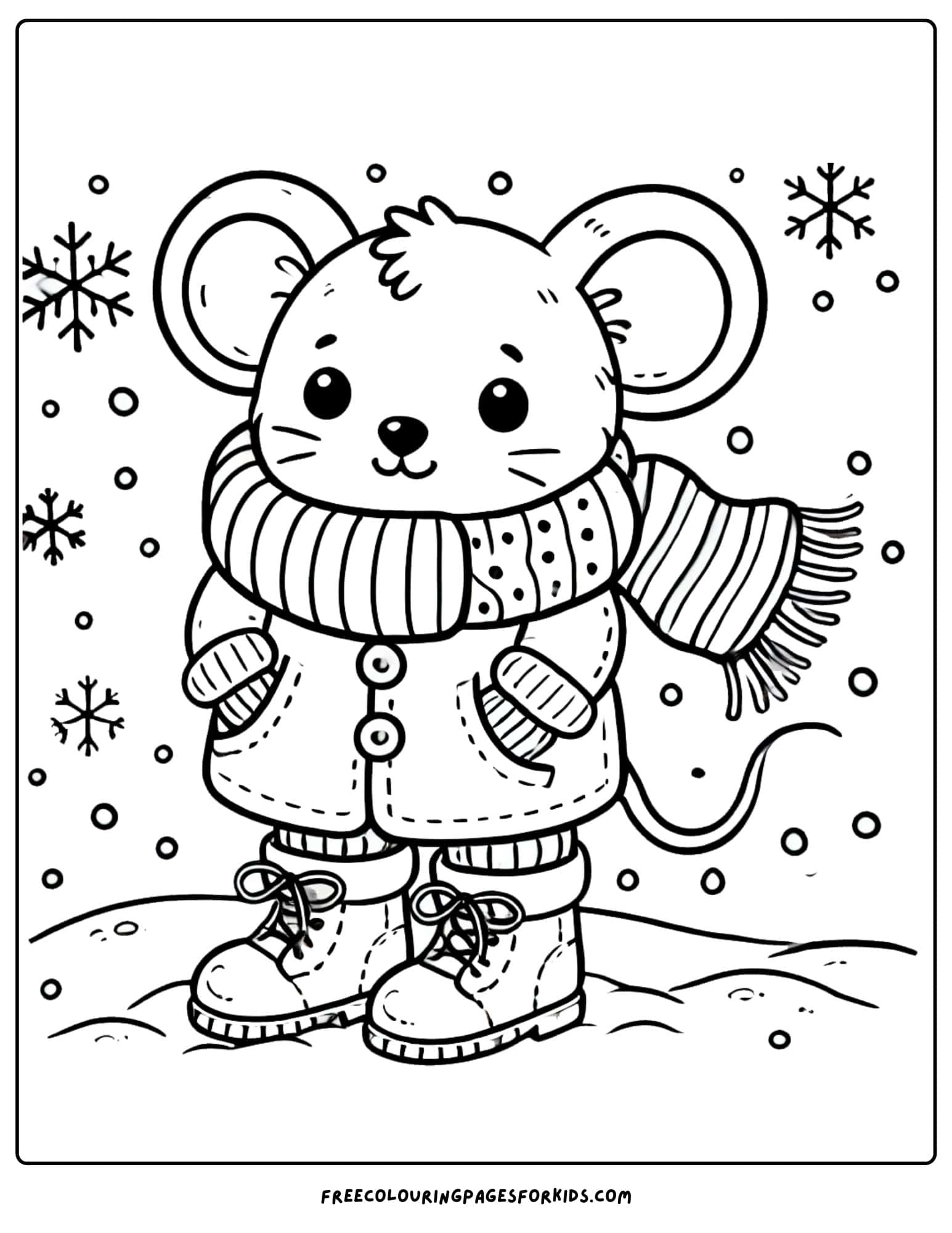 winter mouse wearing a coat coloring page