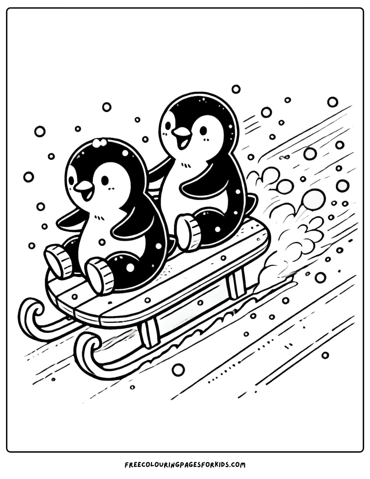 winter sledding penguins coloring page