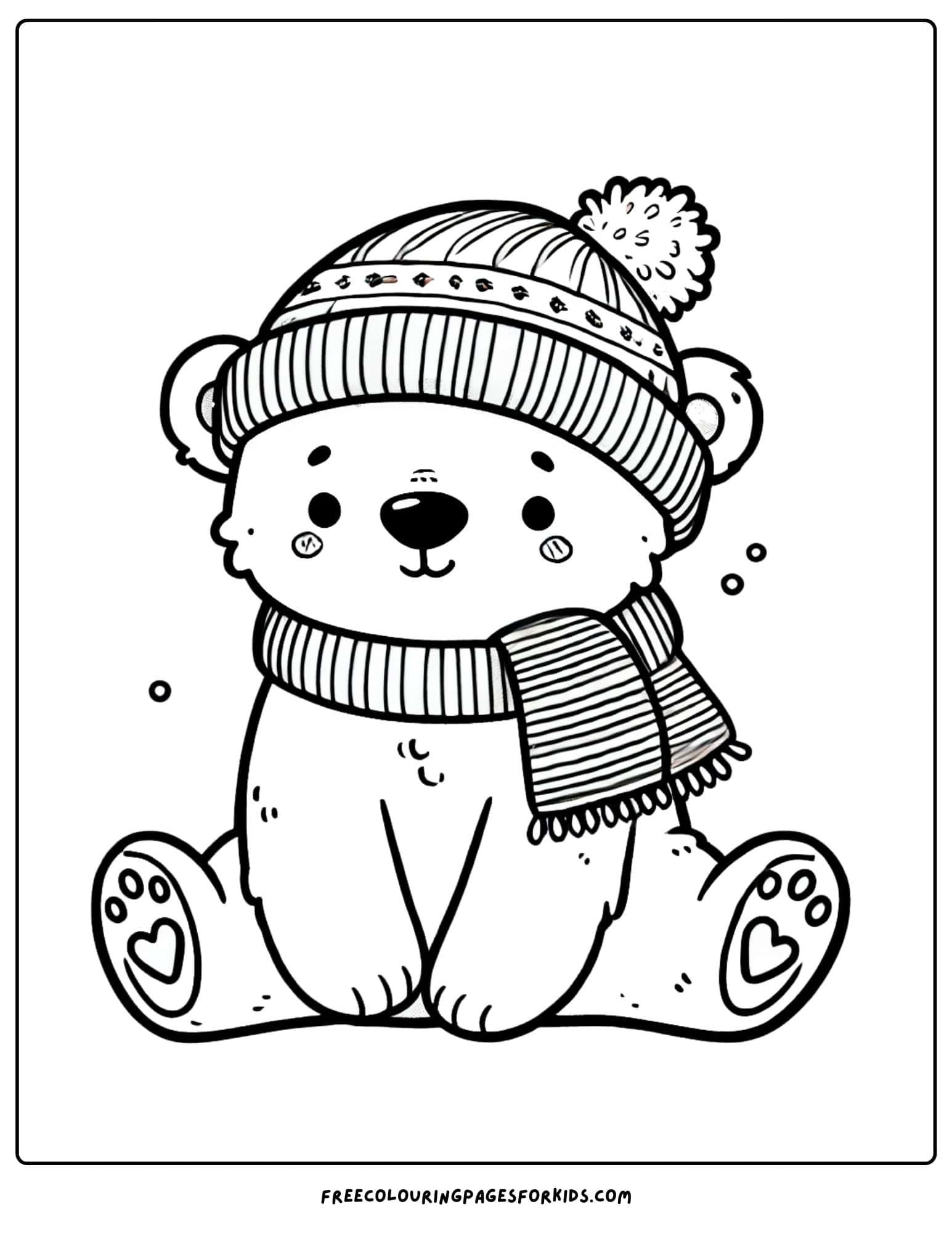 winter polar bear wearing a hat and scarf coloring page