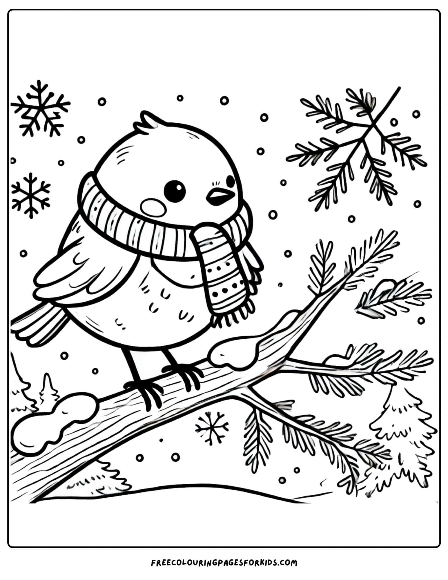 winter robin wearing a tiny scarf coloring page