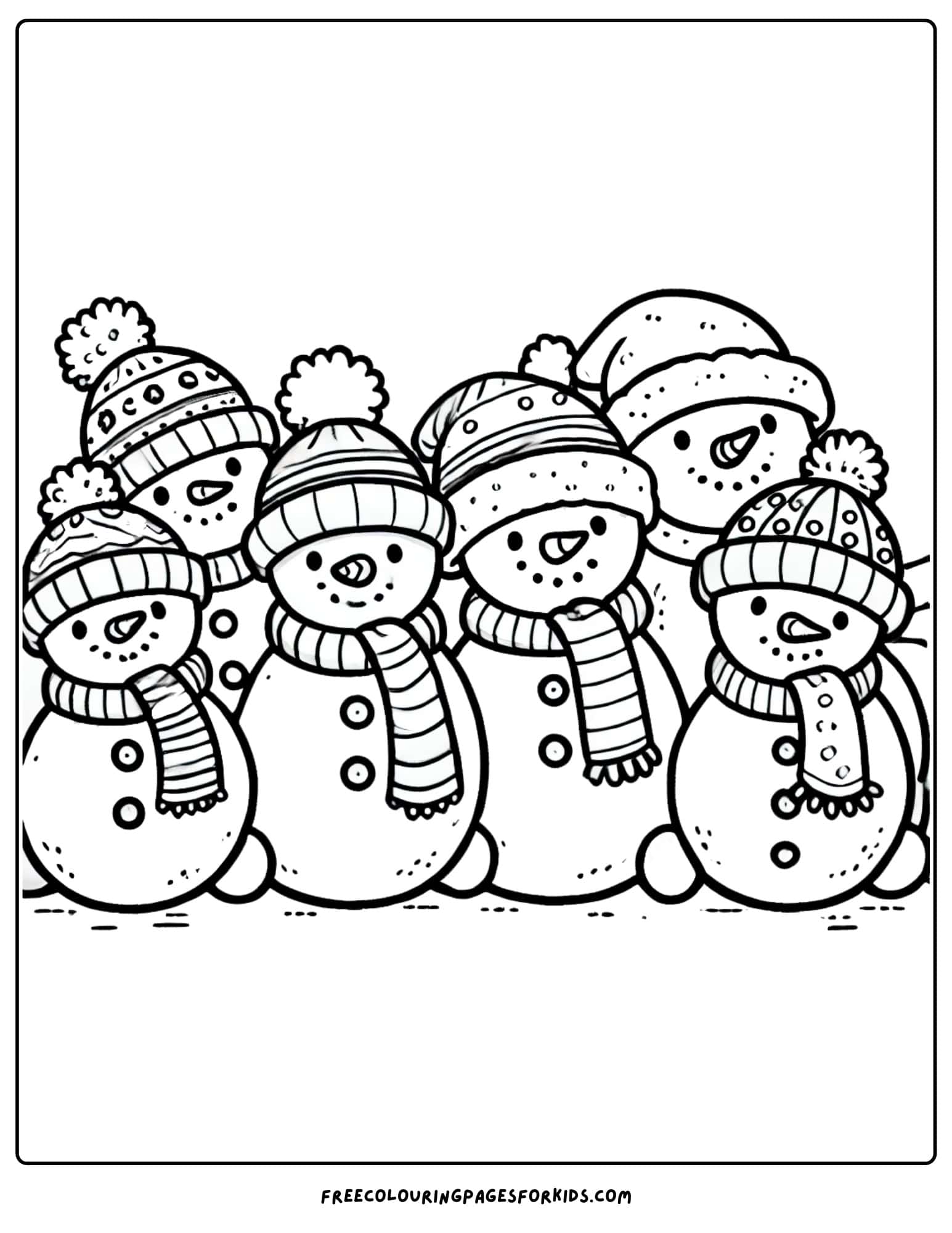 winter snowmen in a row coloring page