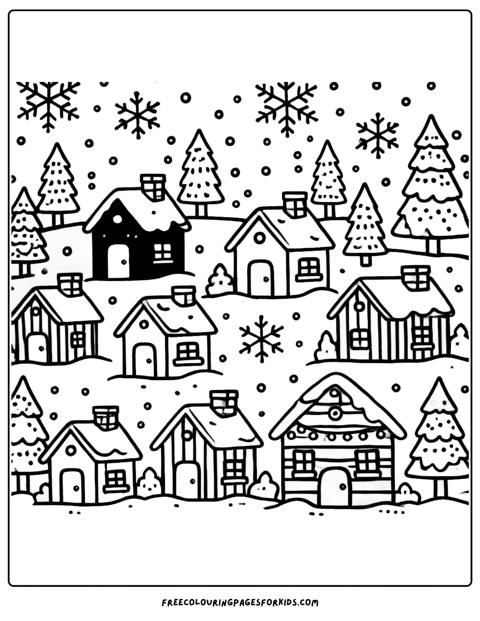 winter snowy village coloring page