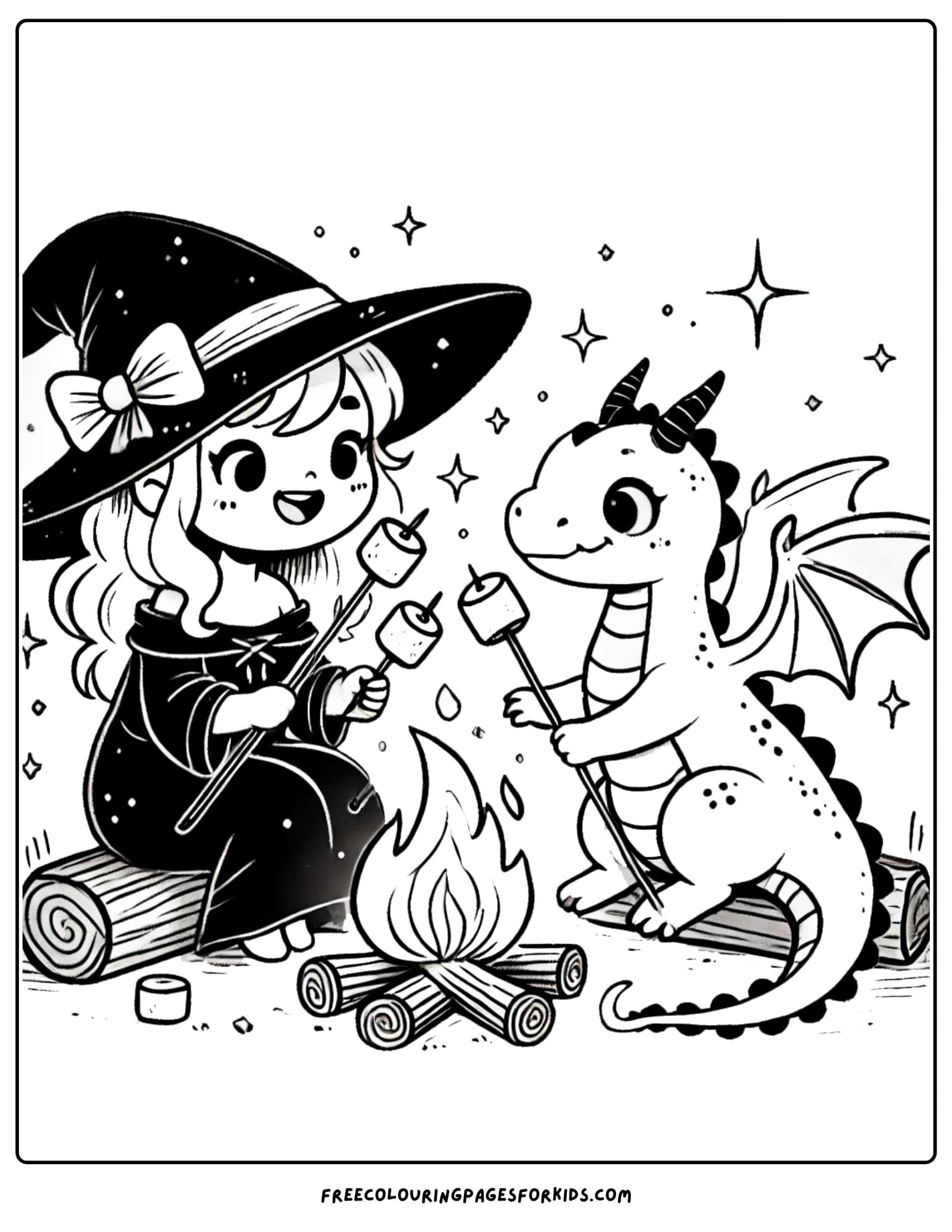 witch and dragon at campfire coloring page