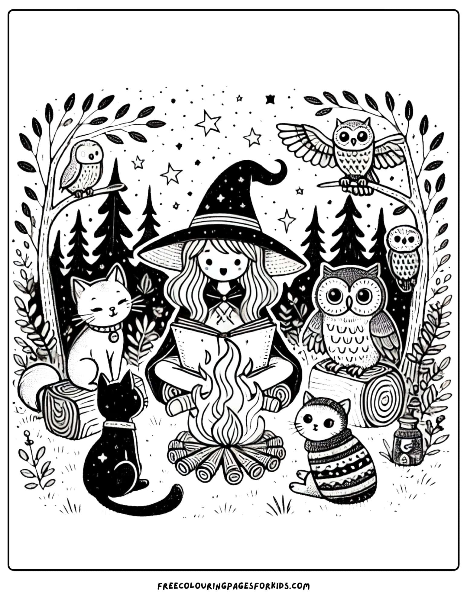 witch at a campfire coloring page