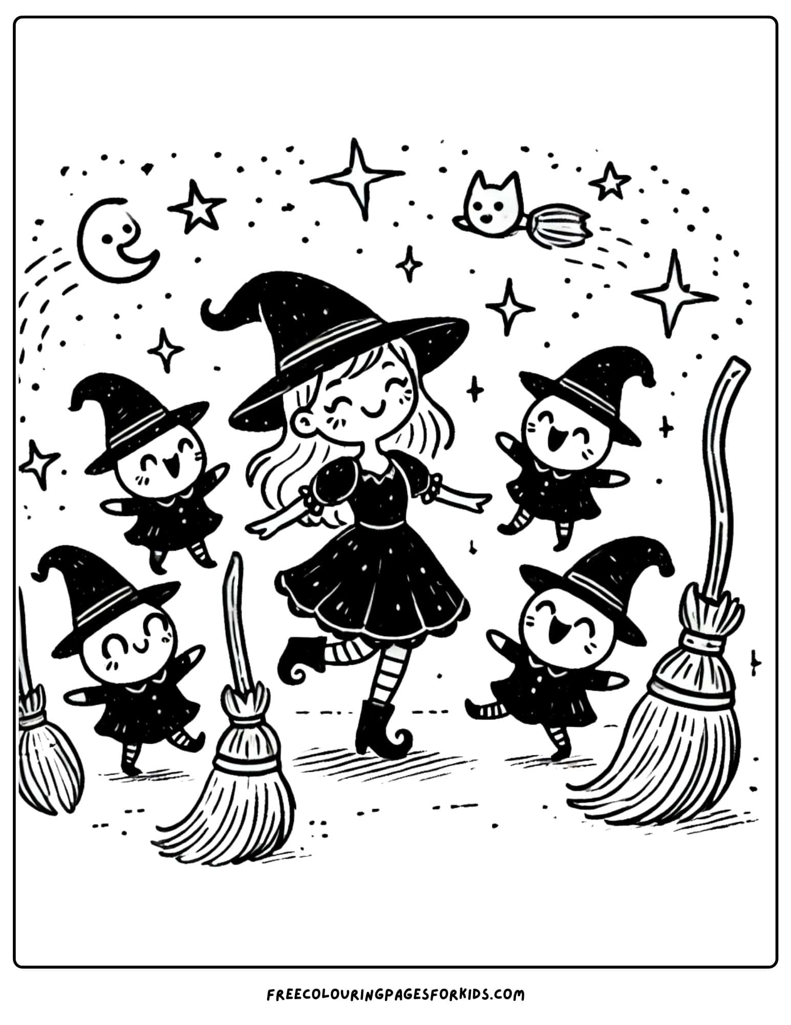 witch dancing with brooms coloring page