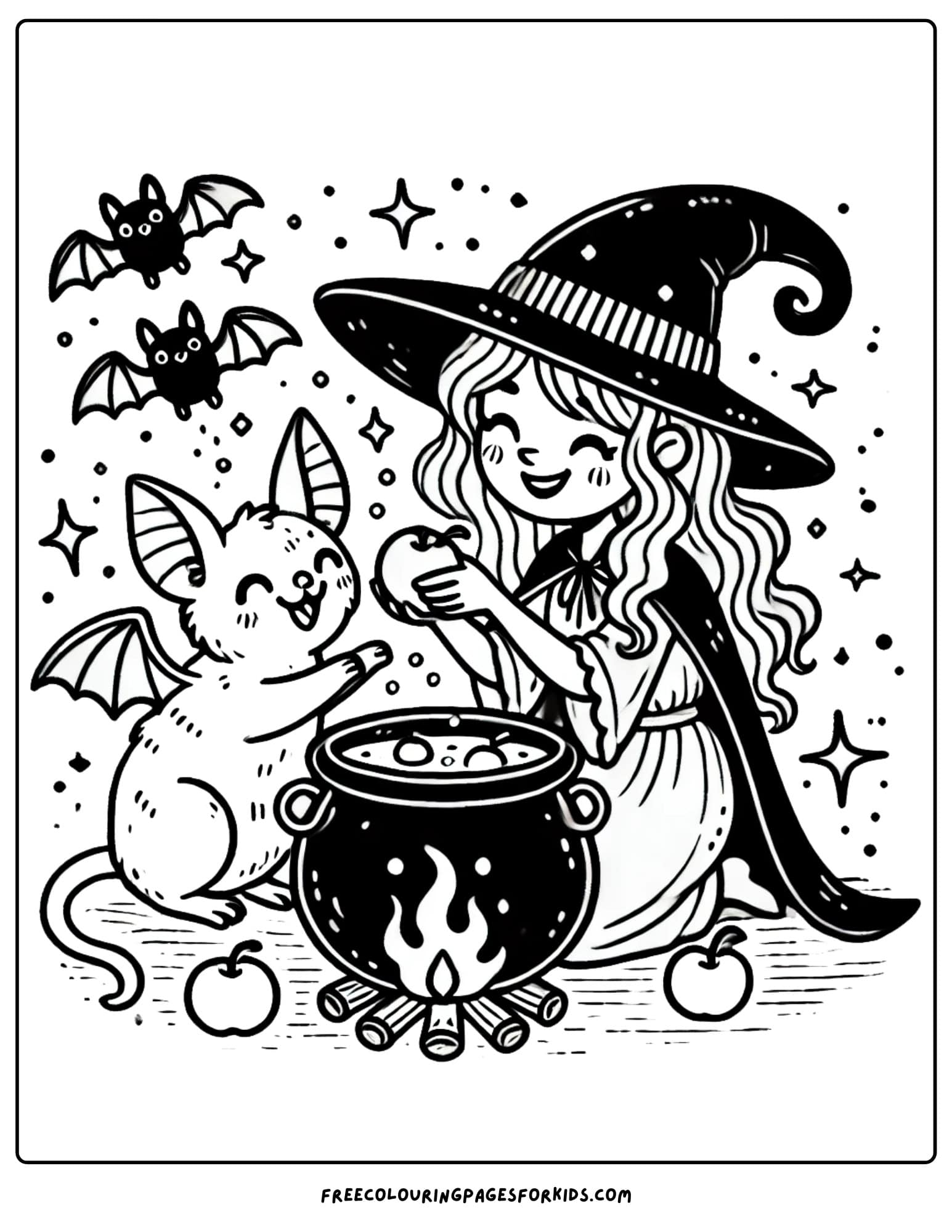 witch feeding bats coloring page