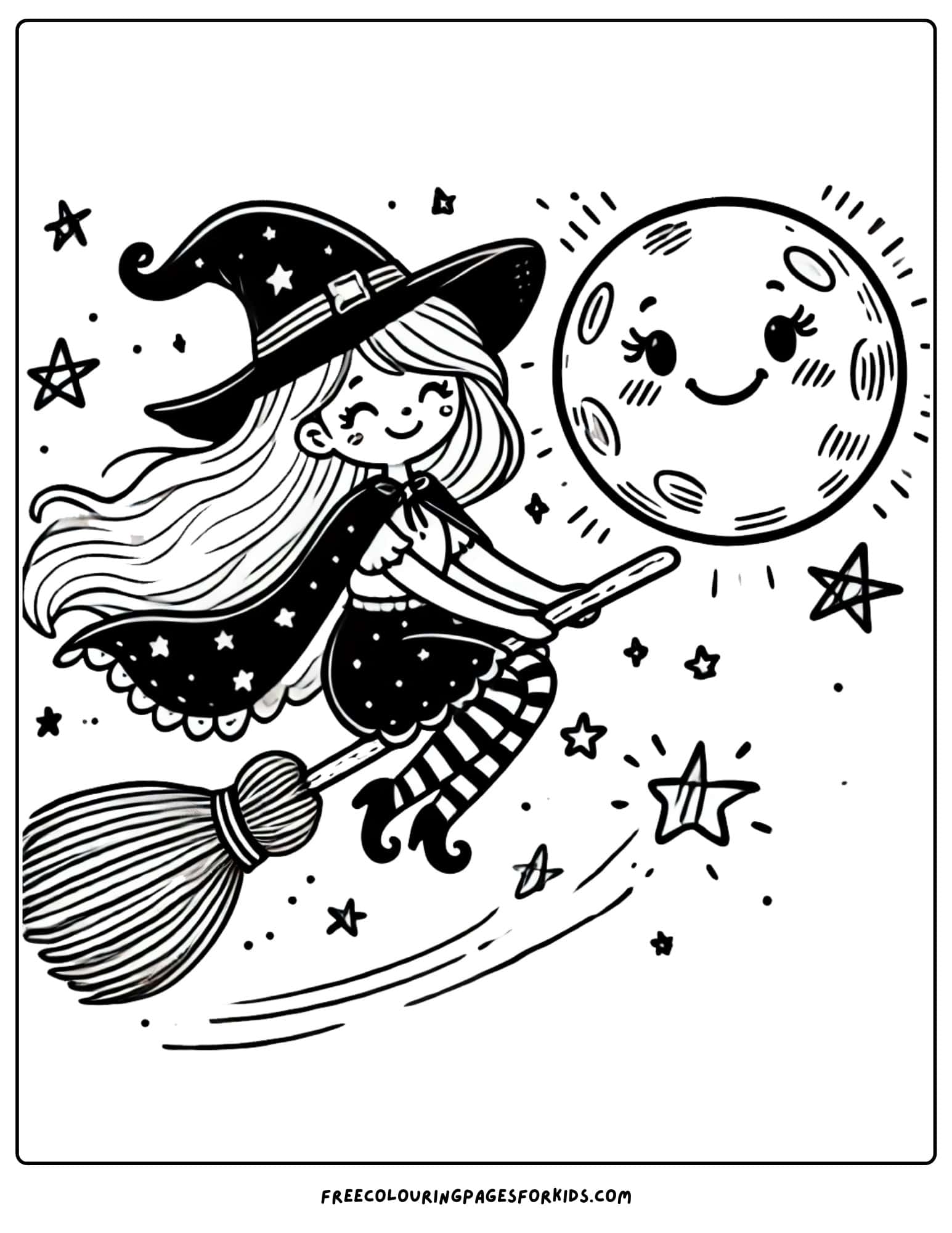 witch flying on a broom coloring page