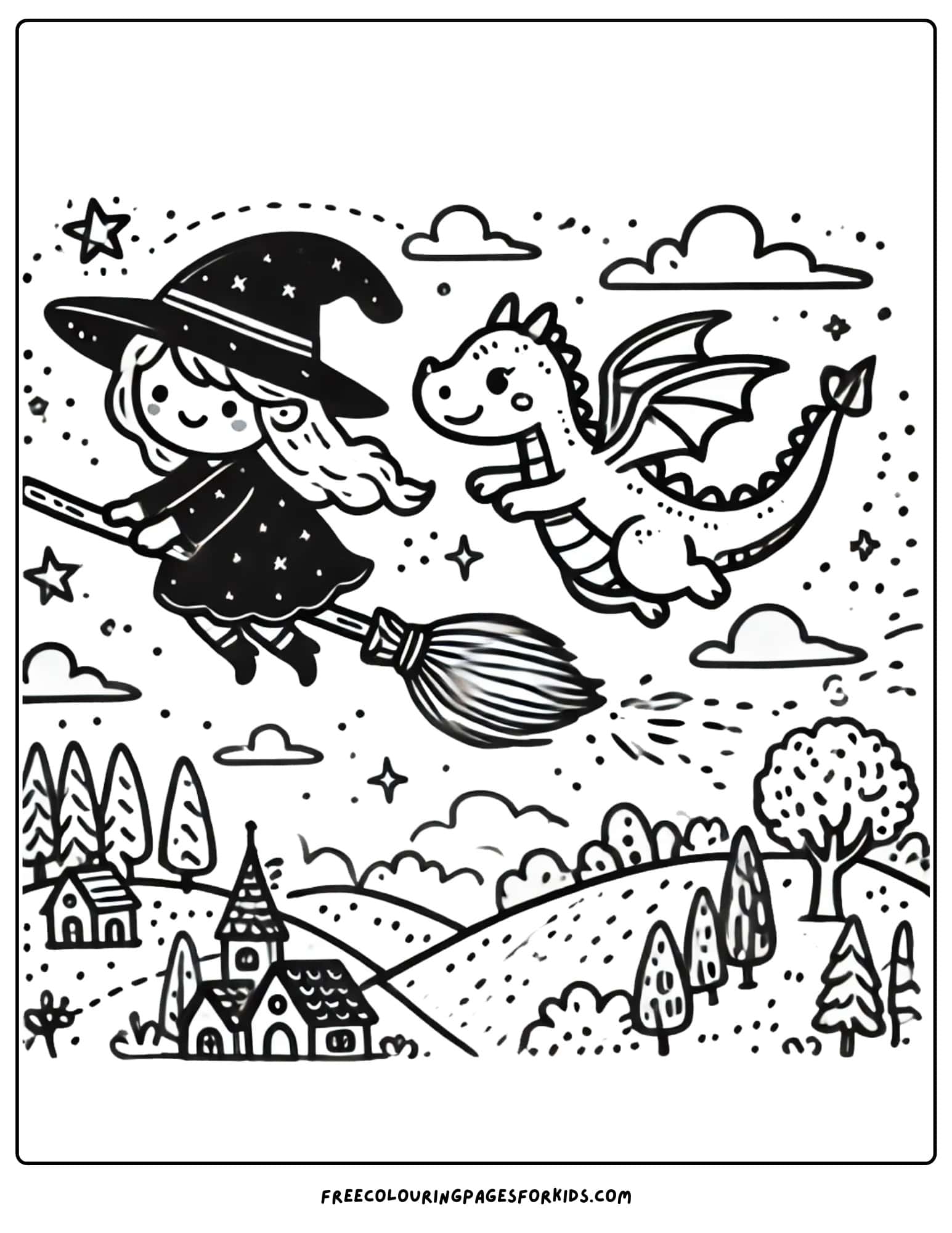 witch flying with a dragon coloring page