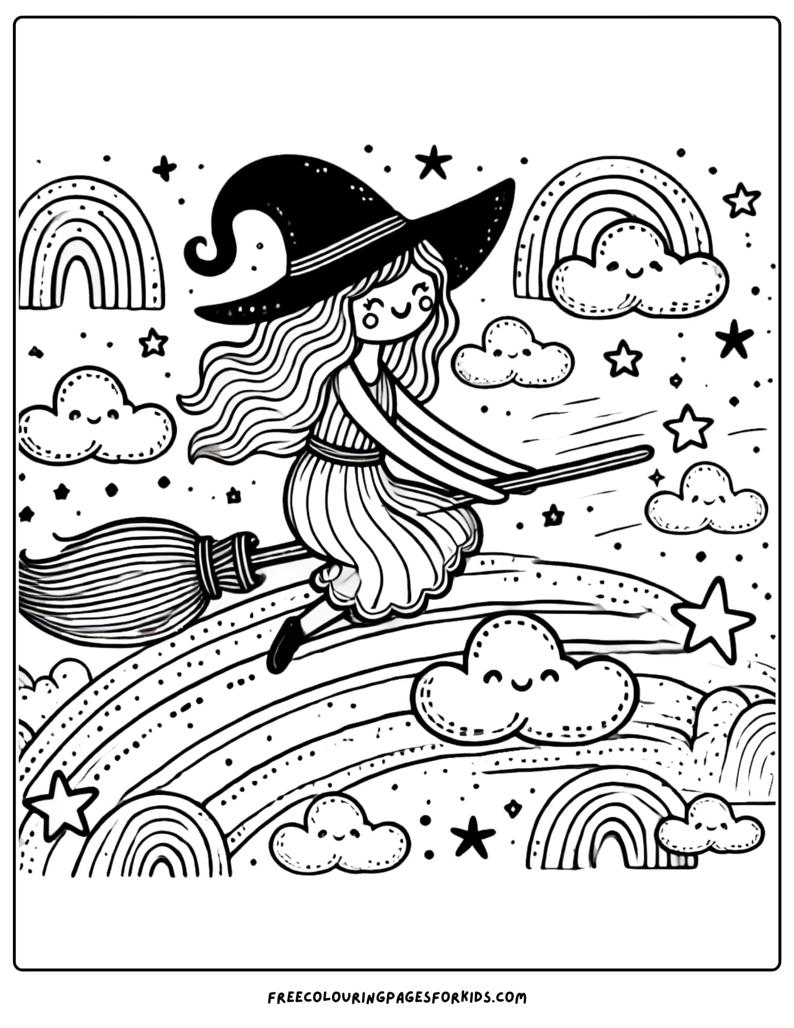 witch flying over a rainbow coloring page