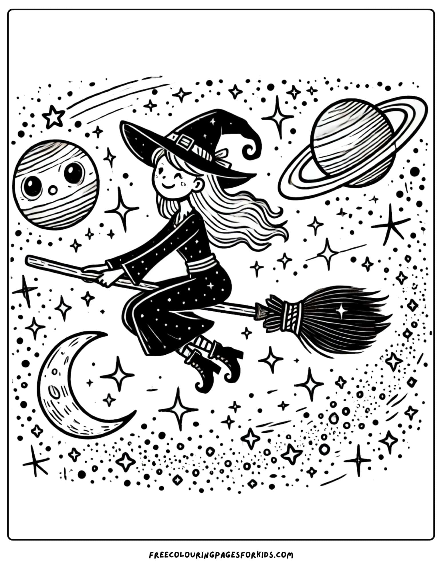 witch flying in space coloring page