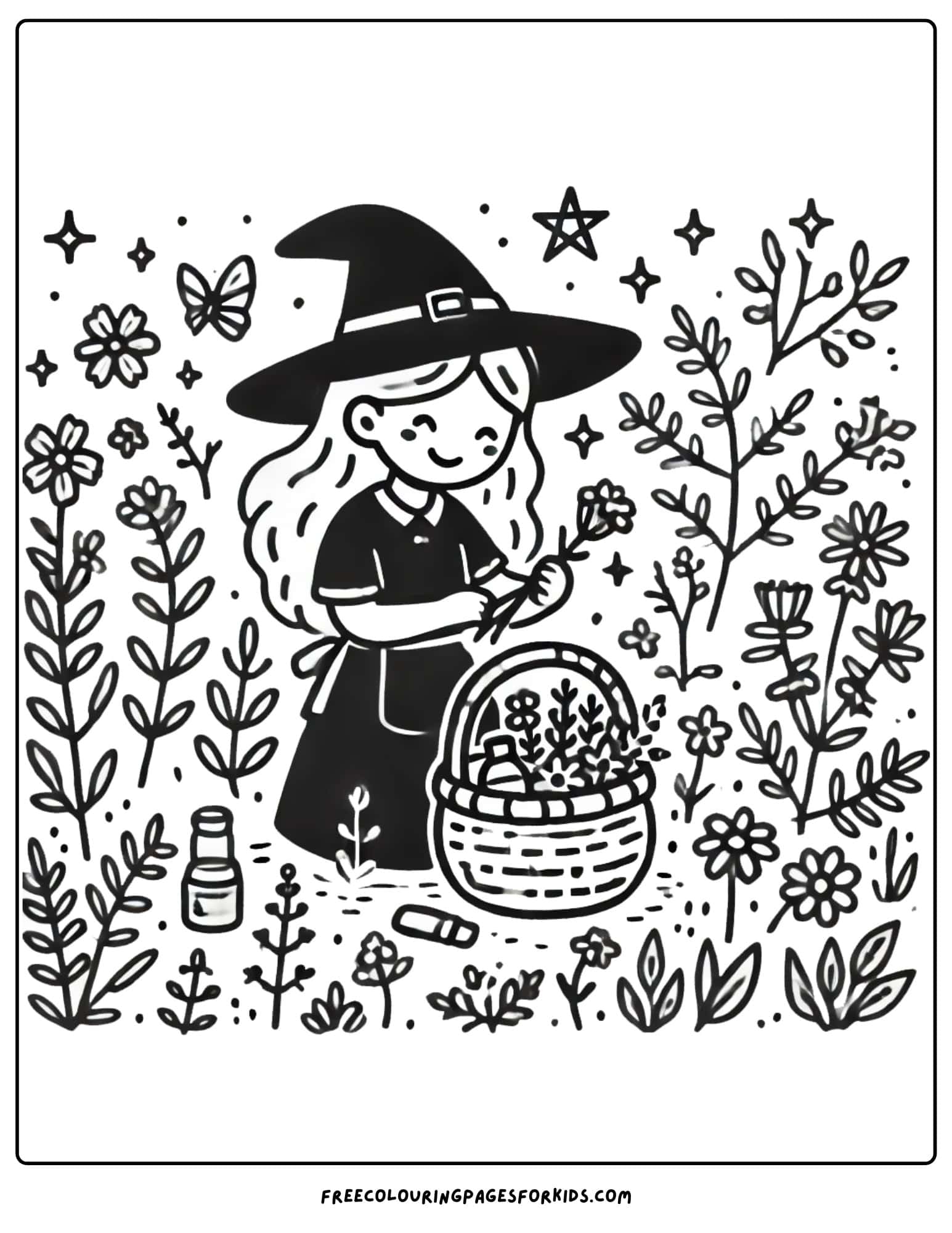 witch collecting herbs in the garden coloring page