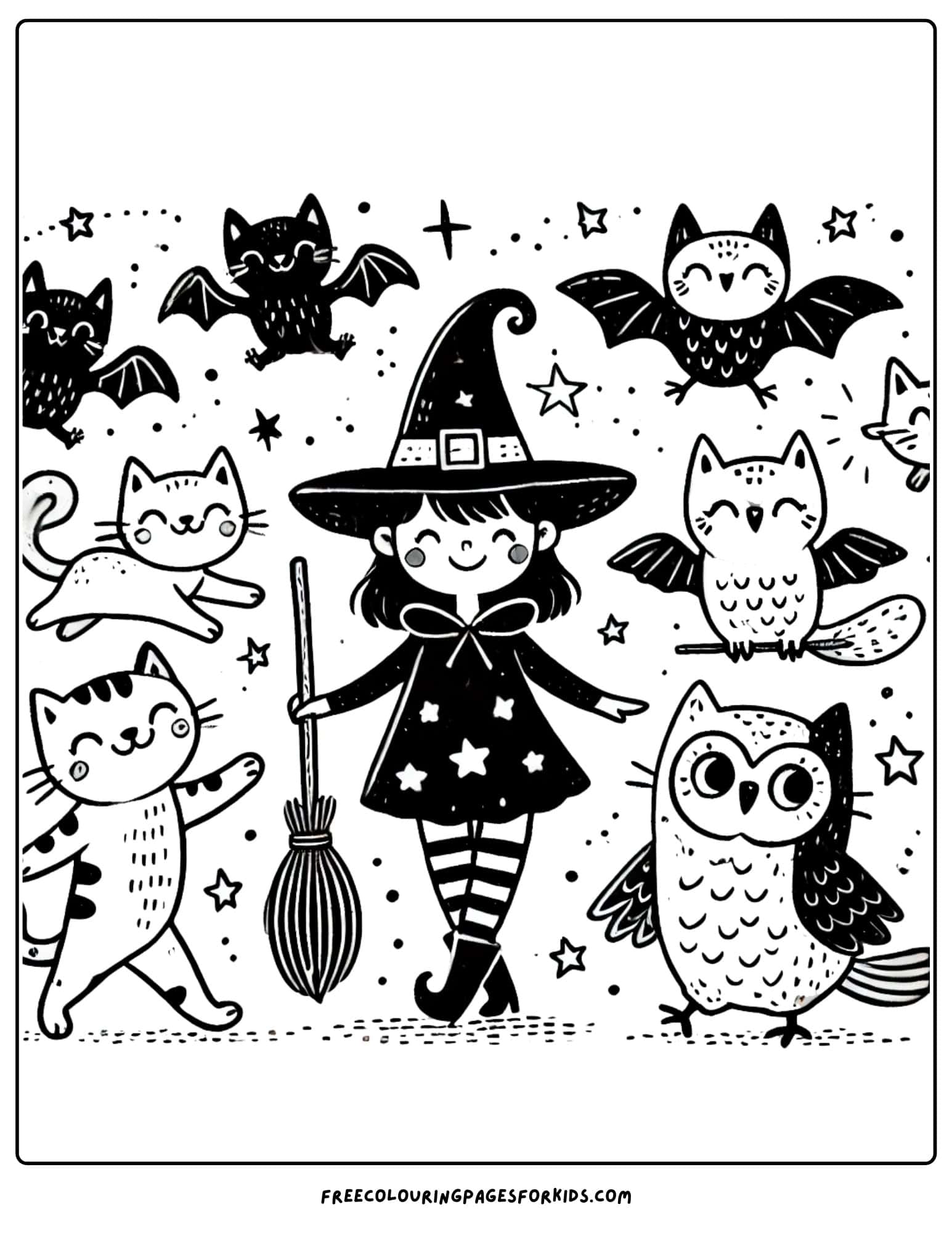 witch and a pet parade coloring page