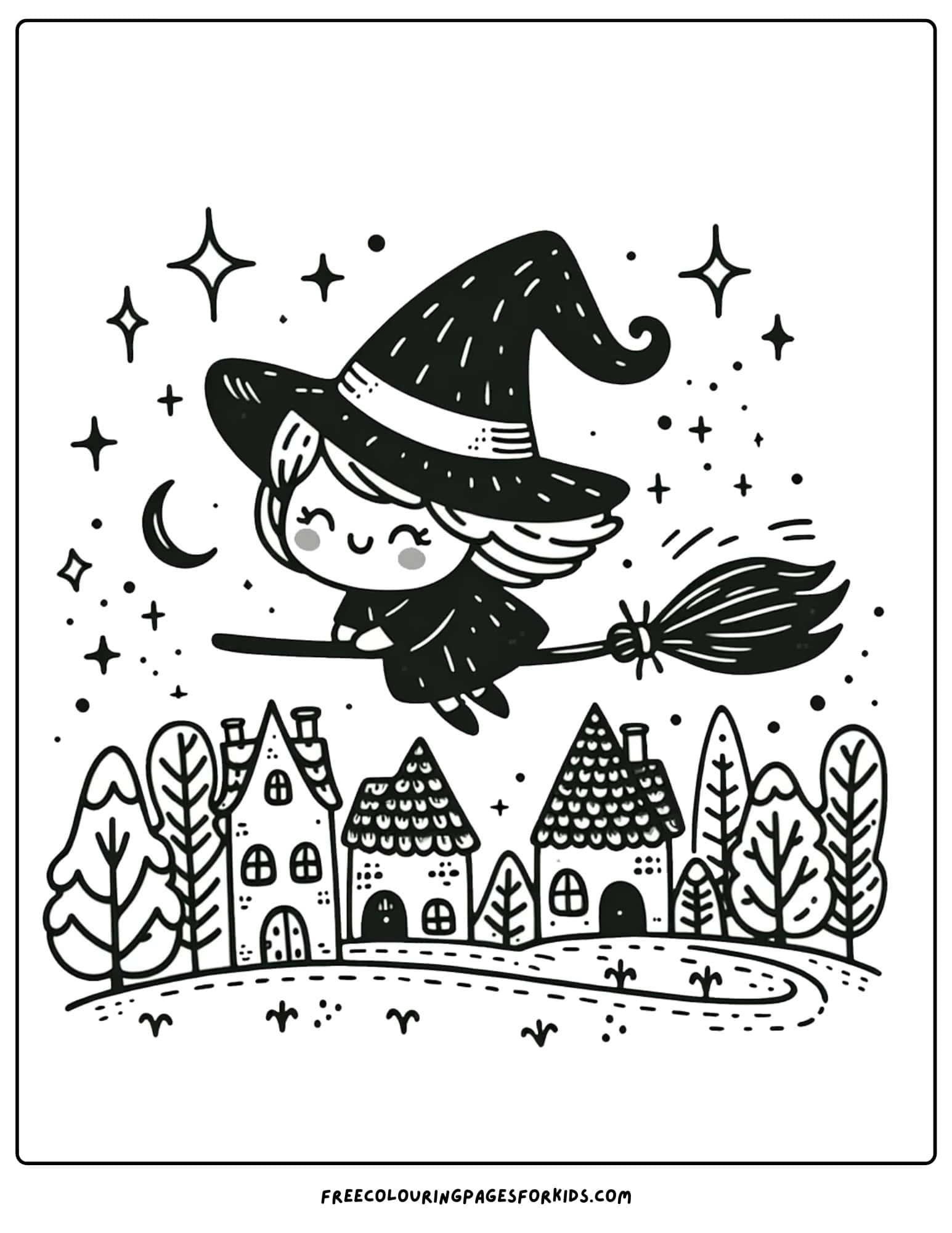 witch flying over a town coloring page