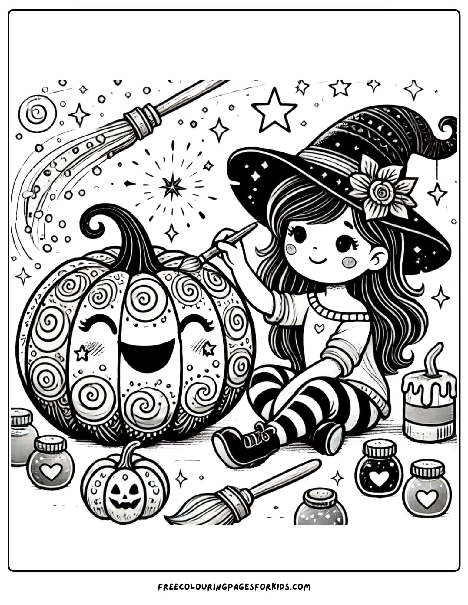 witch painting pumpkins coloring page