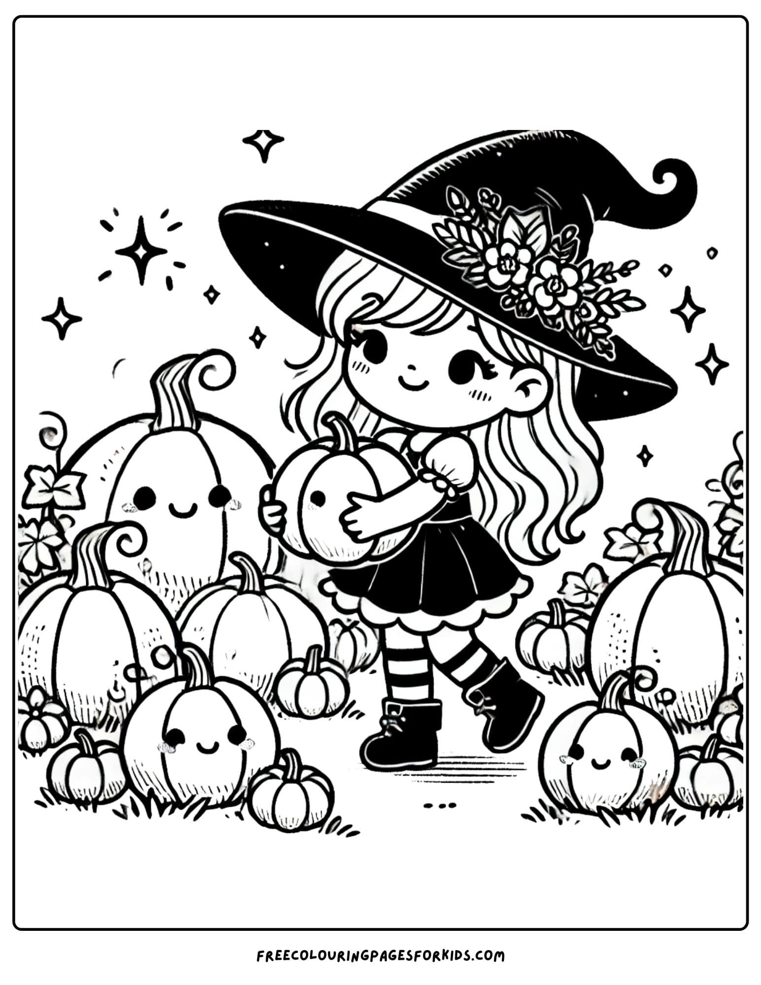 witch picking pumpkins coloring page