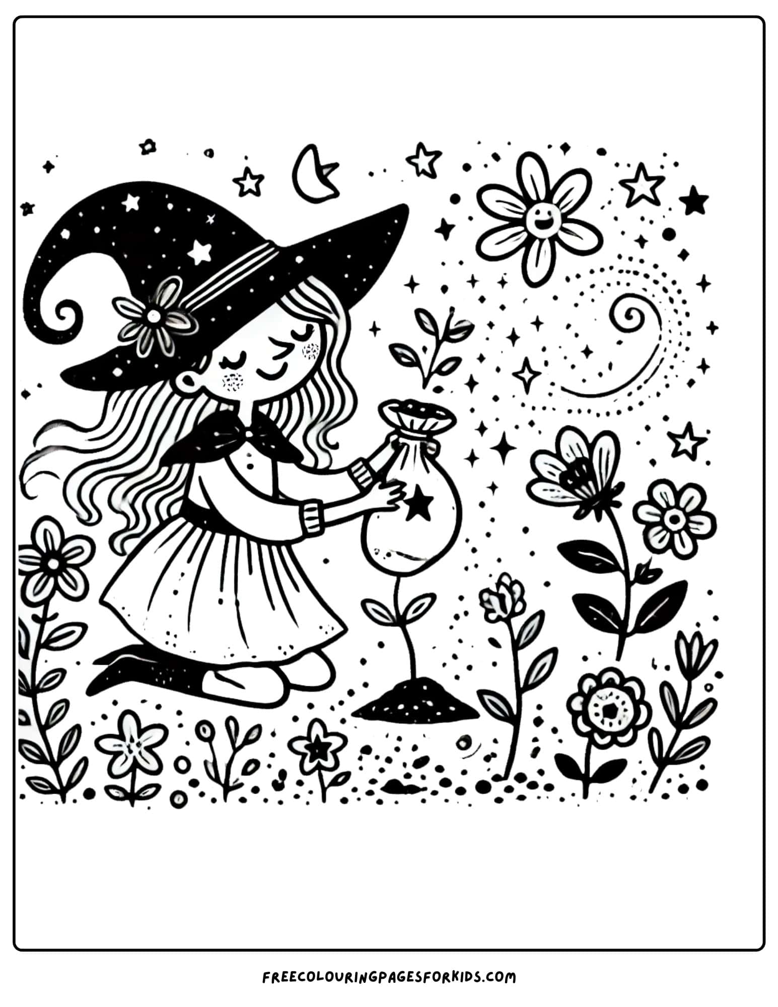 witch planting seeds coloring page