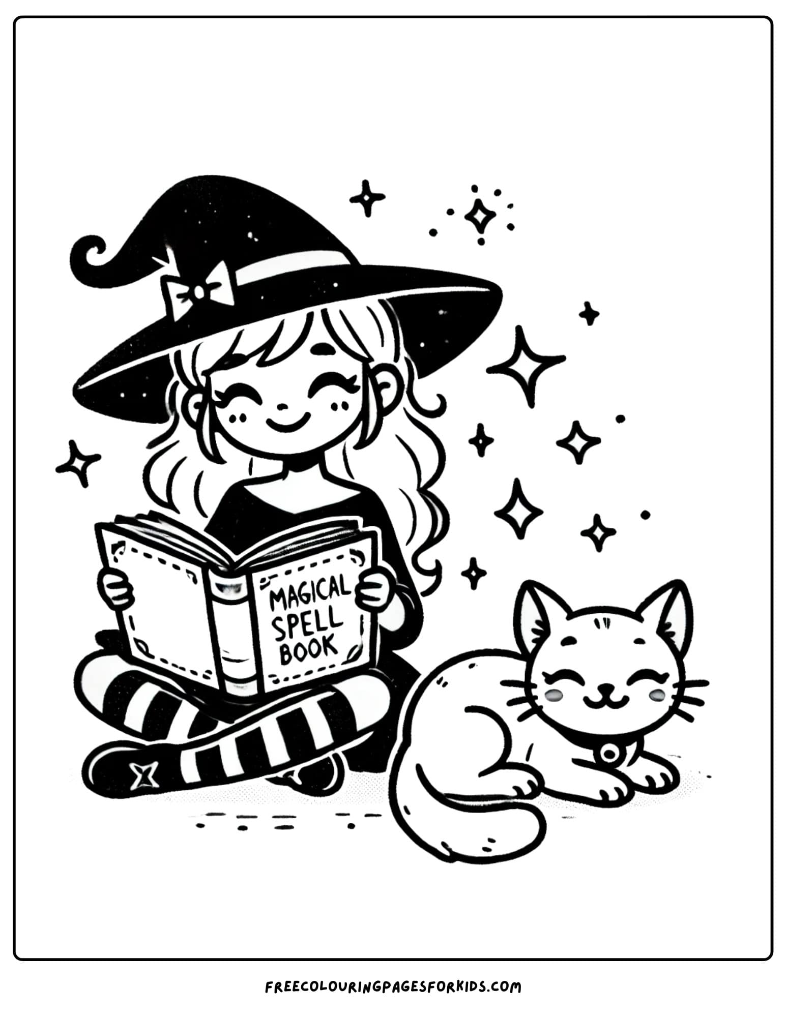 witch reading a spell book with a cat coloring page