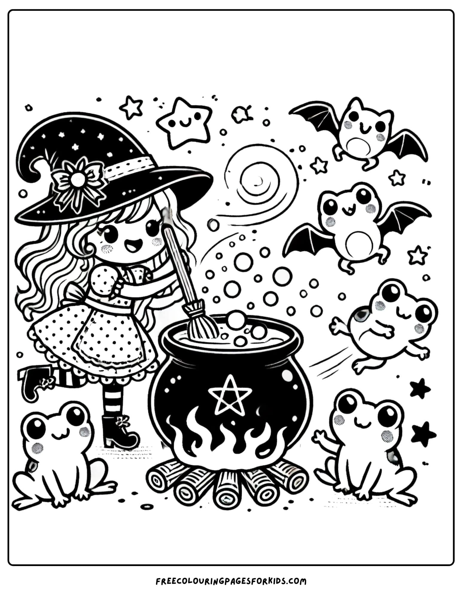 witch stirring a magic cauldron coloring page