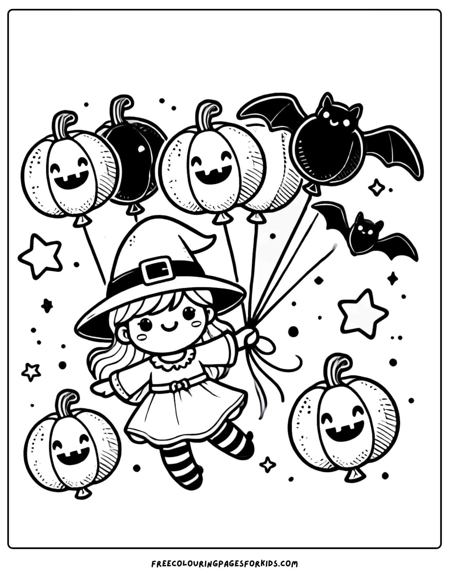 witch with balloons coloring page