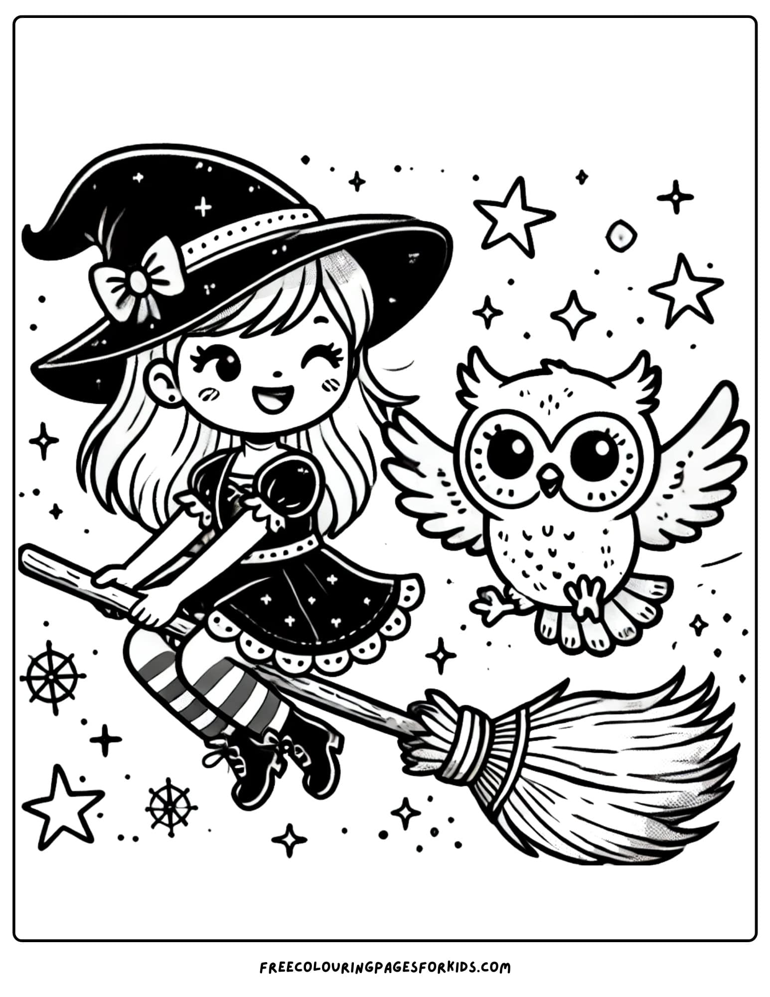 witch flying with an owl coloring page