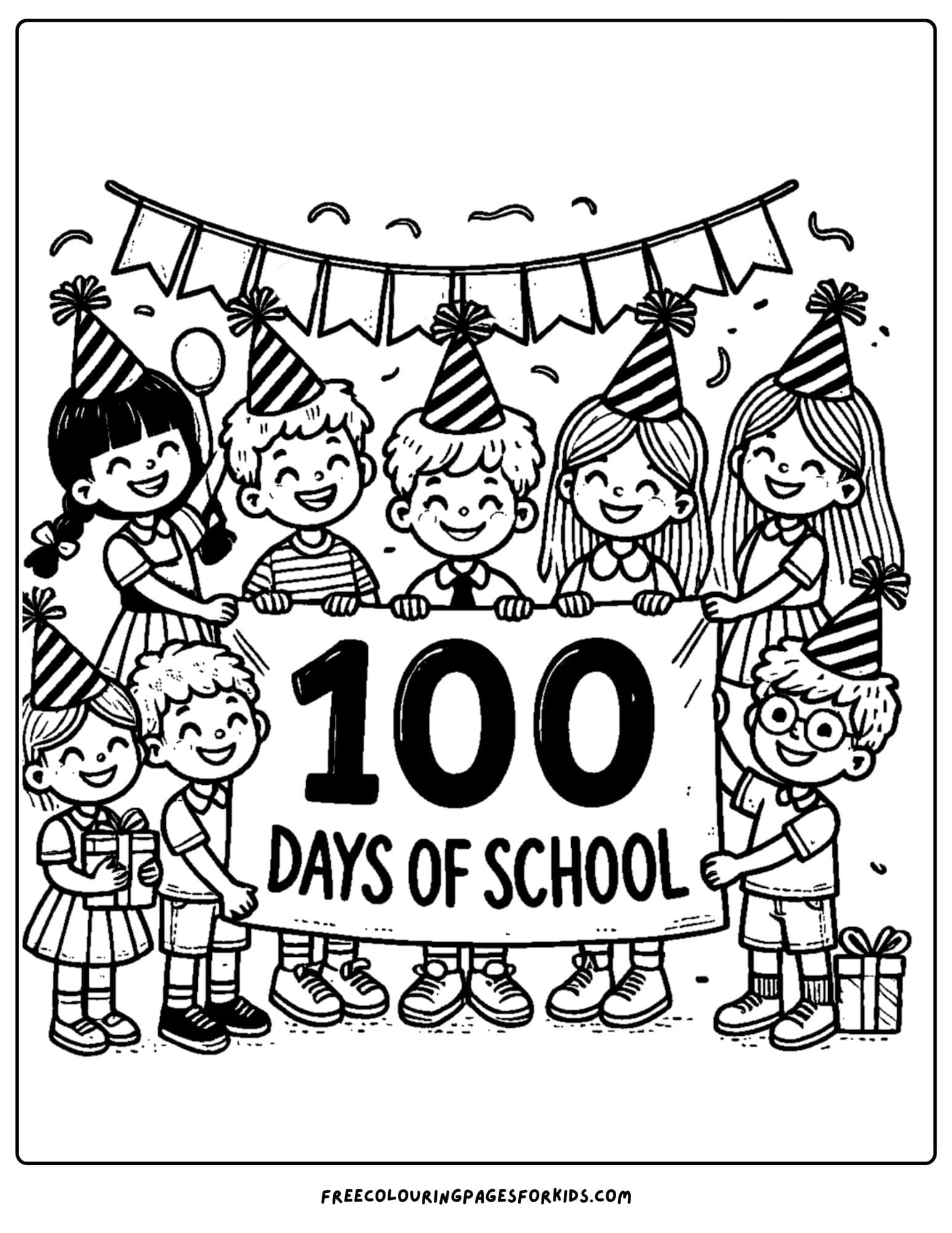 100 days of school kids banner coloring page