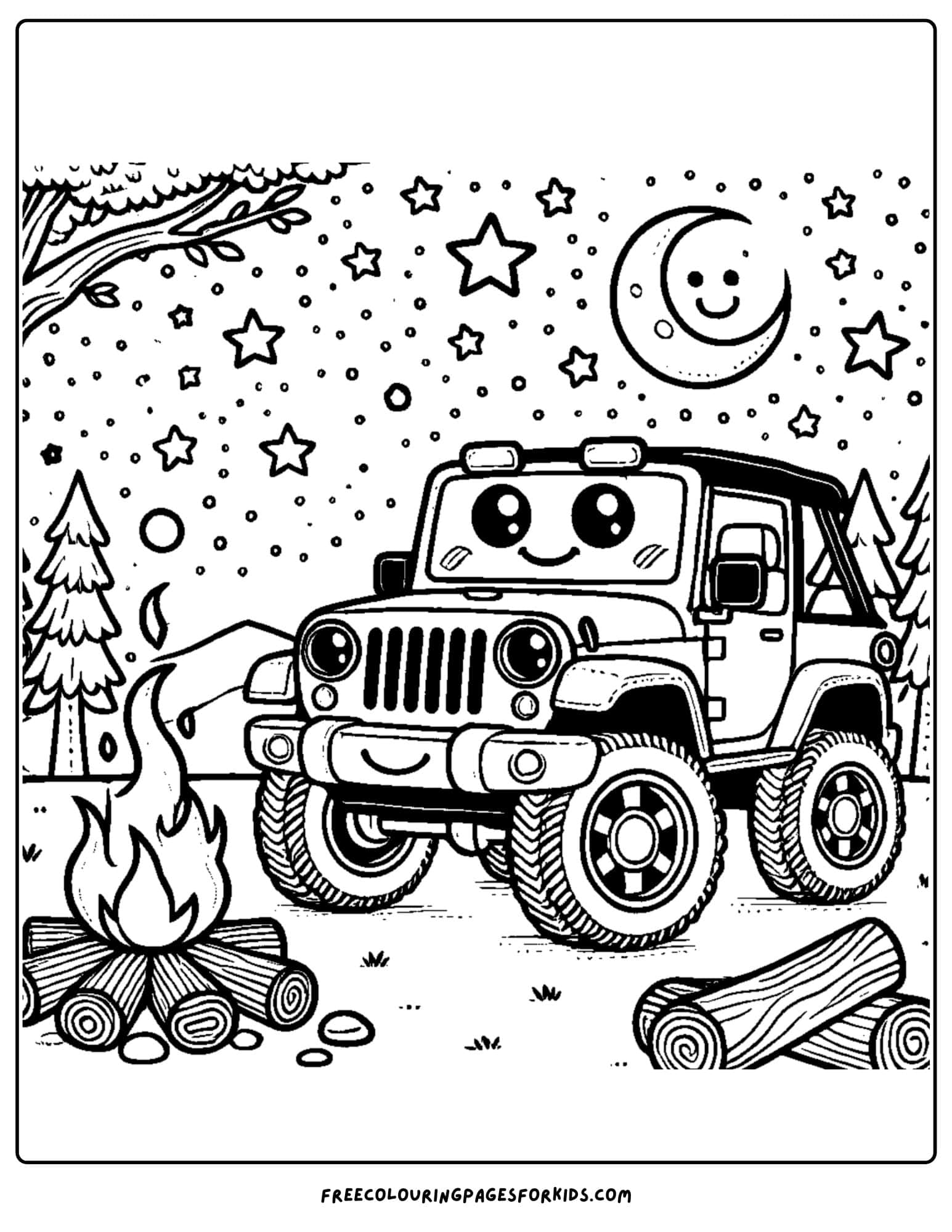 4wd parked by a campfire coloring page