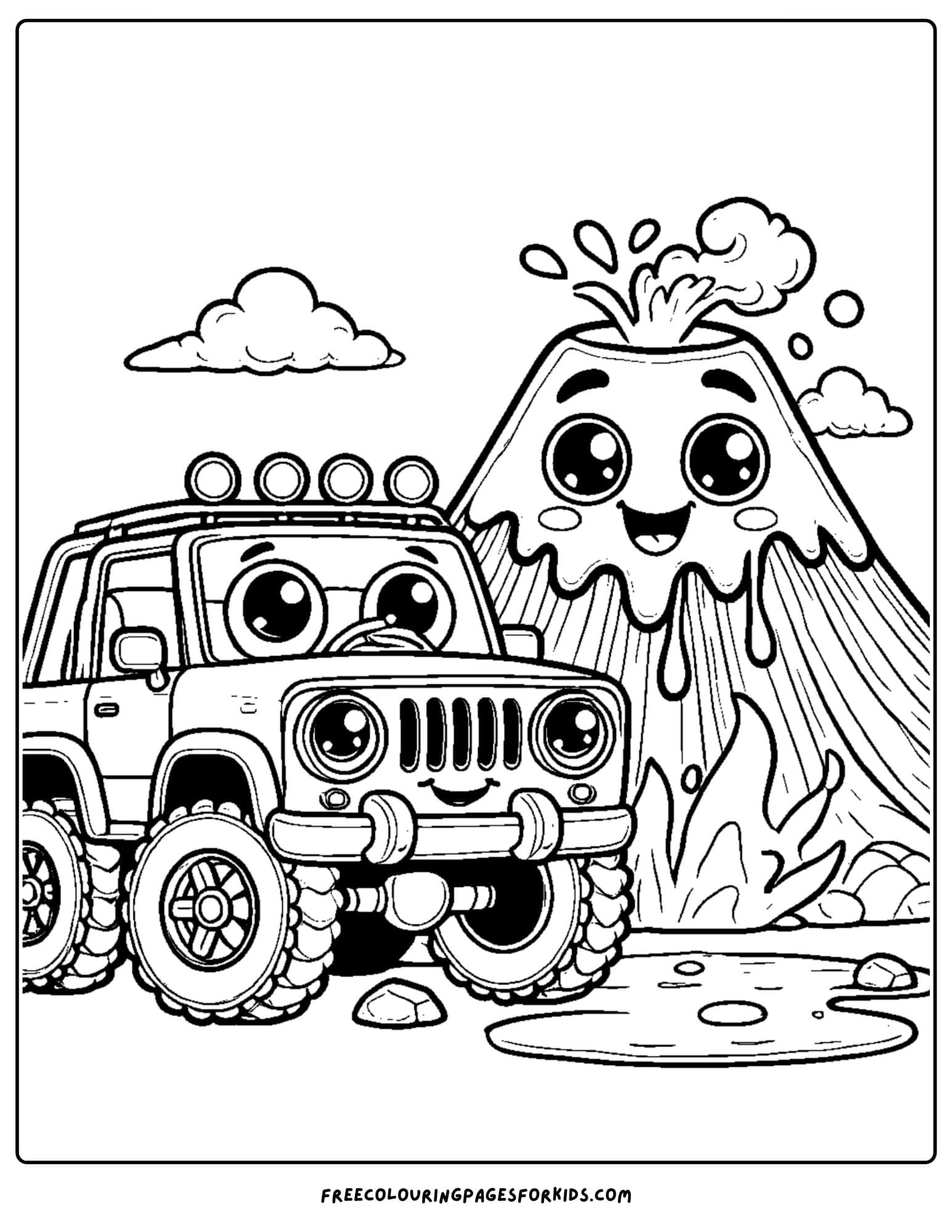 4wd next to a volcano coloring page