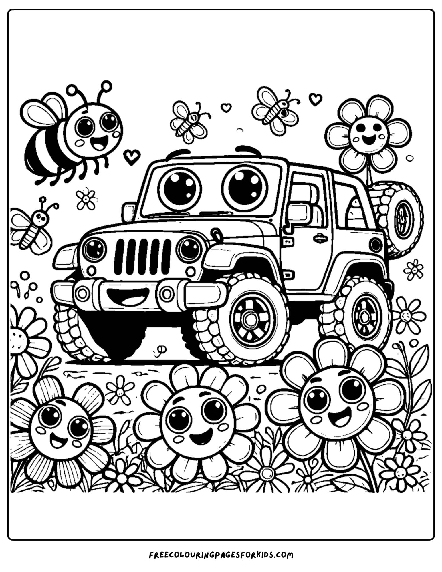 4wd surrounded by bees and flowers coloring page