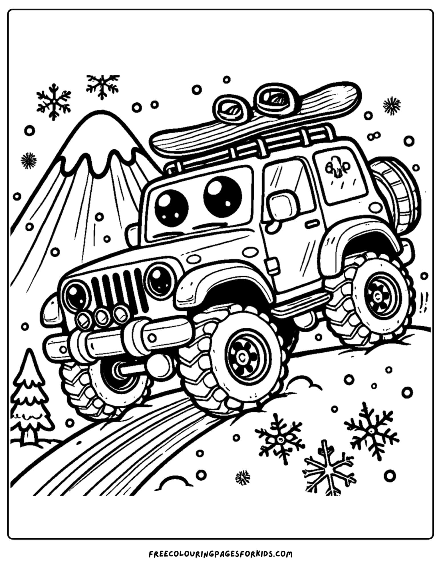 4wd going down a snowy mountain coloring page