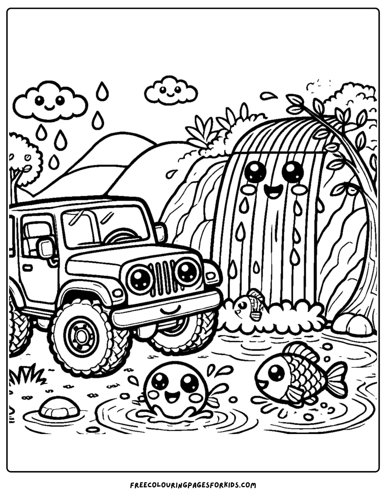 4wd parked at a waterfall coloring page