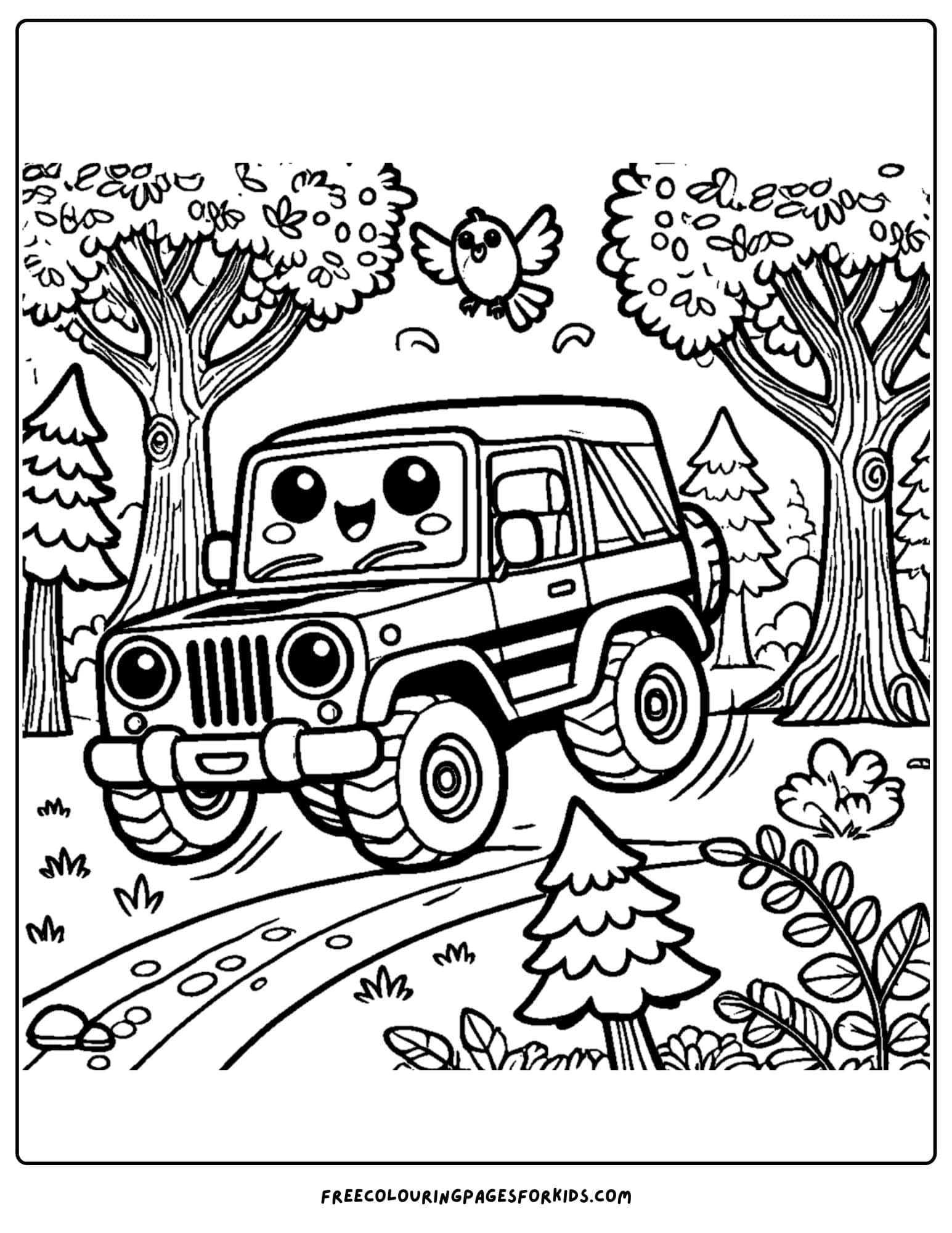 4wd driving a forest trail coloring page