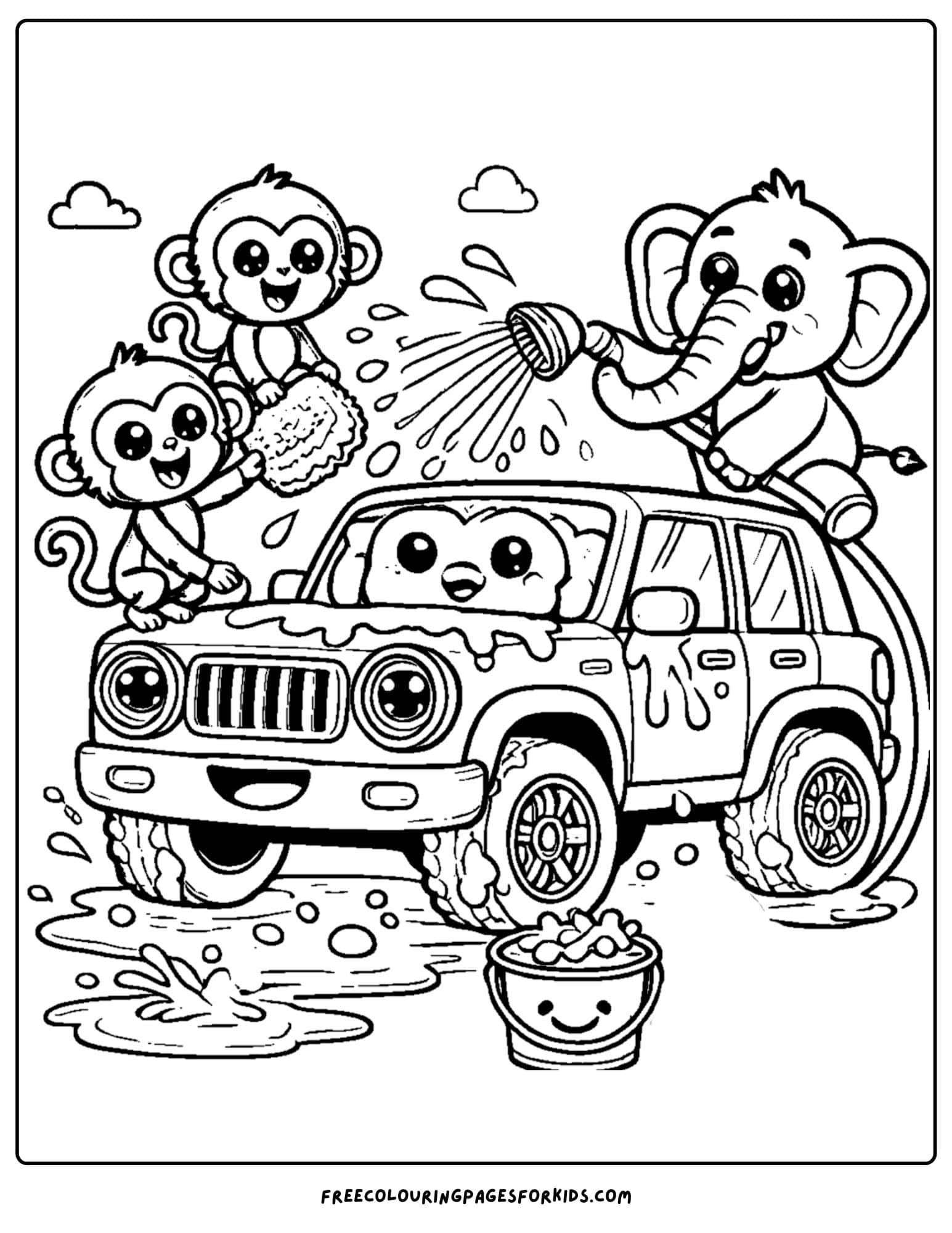 4wd being washed by animals coloring page