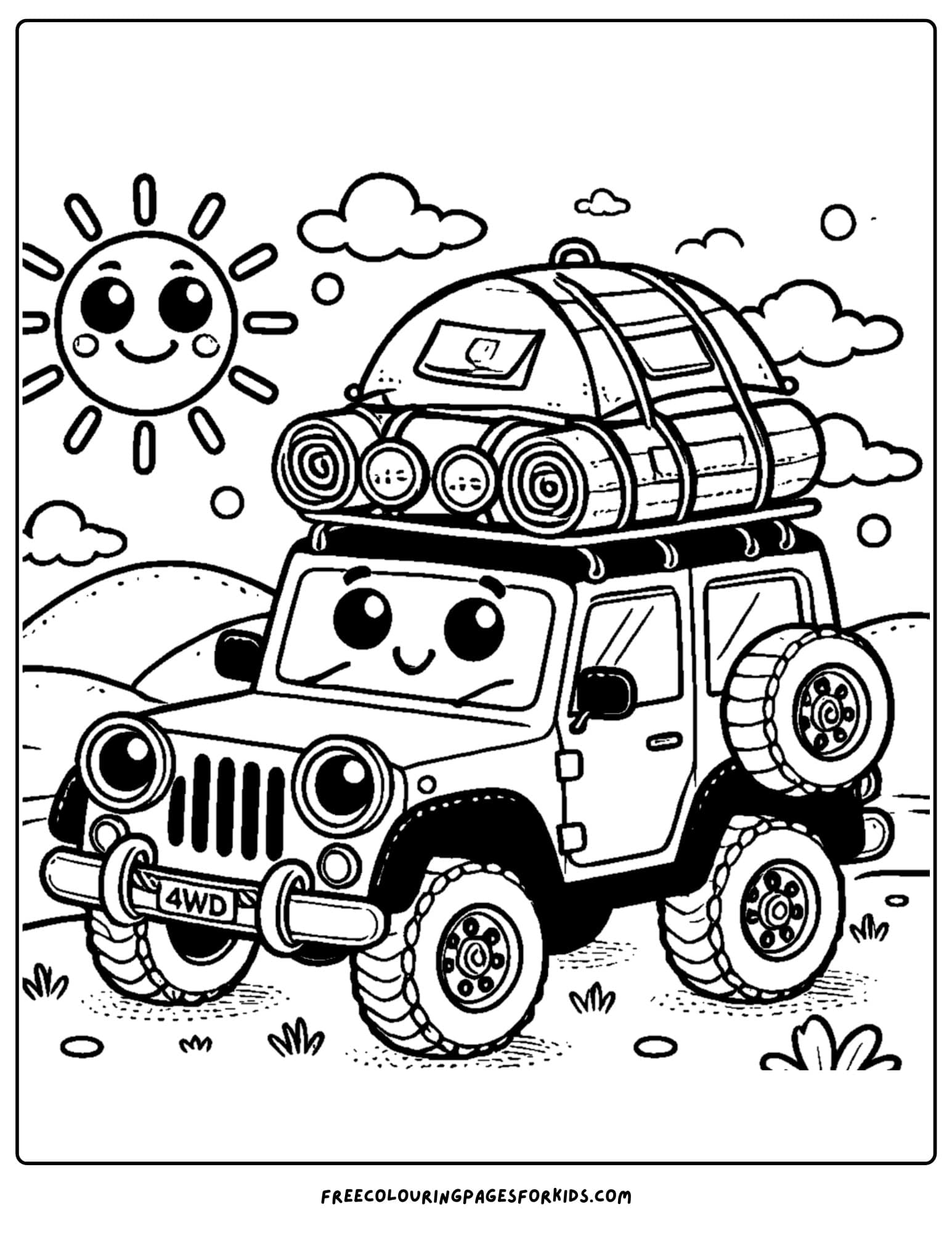 4wd with camping gear on the roof coloring page