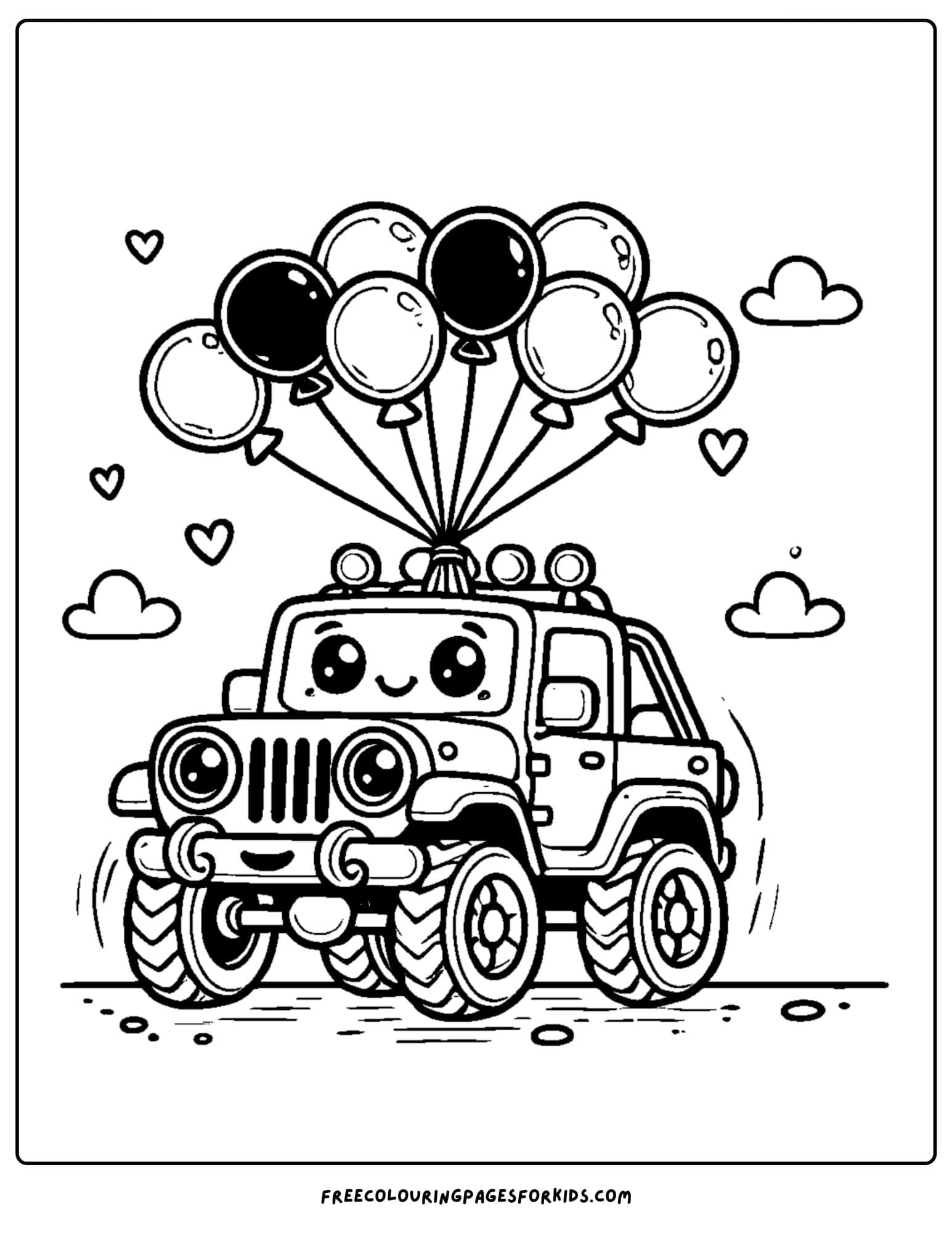 4wd with balloons attached to the roof coloring page