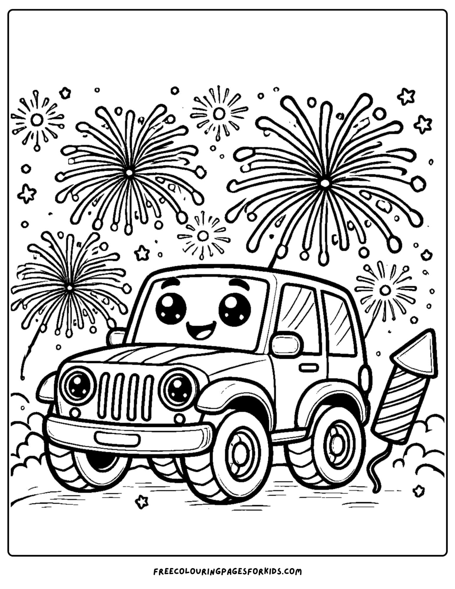 4wd under a fireworks display coloring page