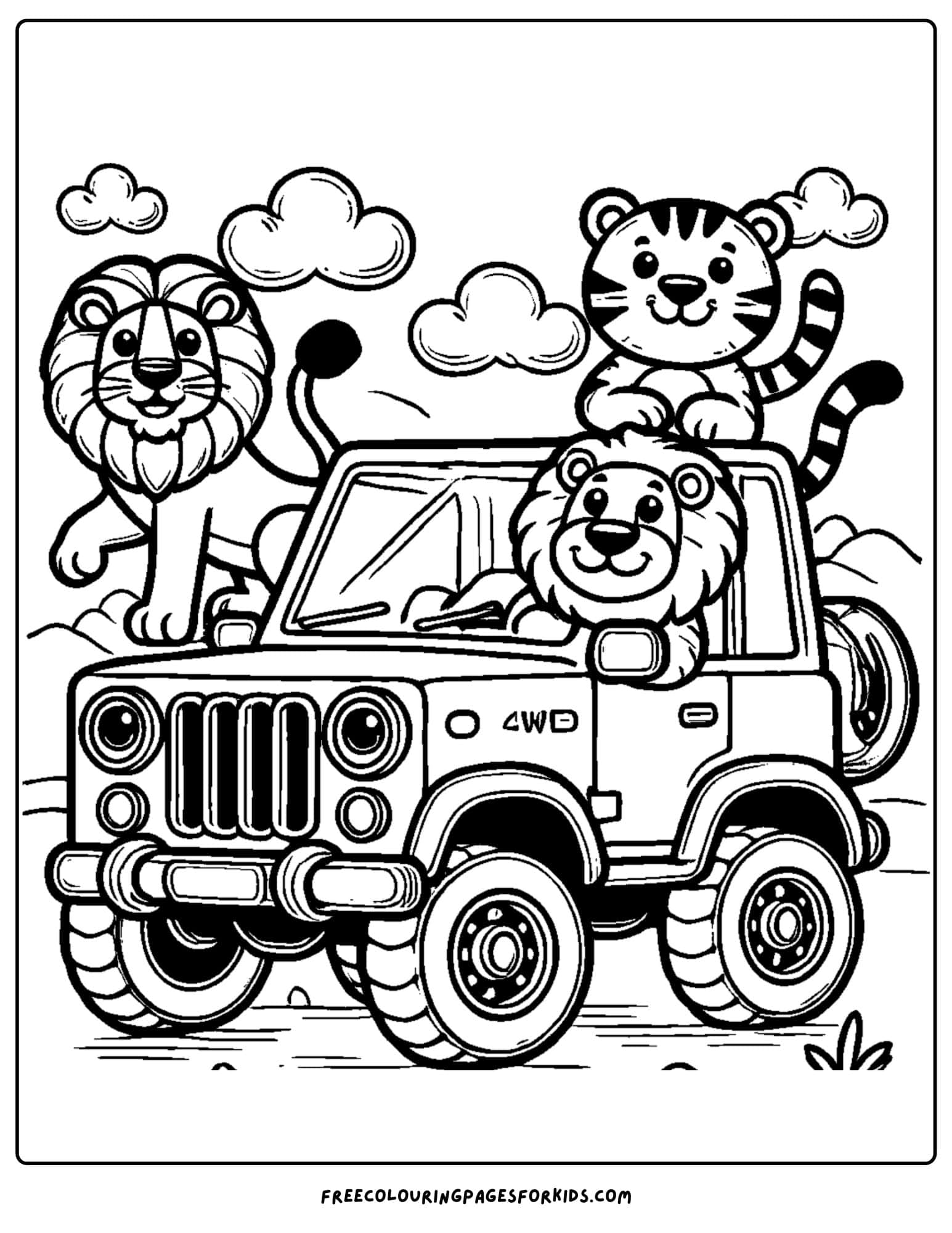 4wd being driven by a lion coloring page