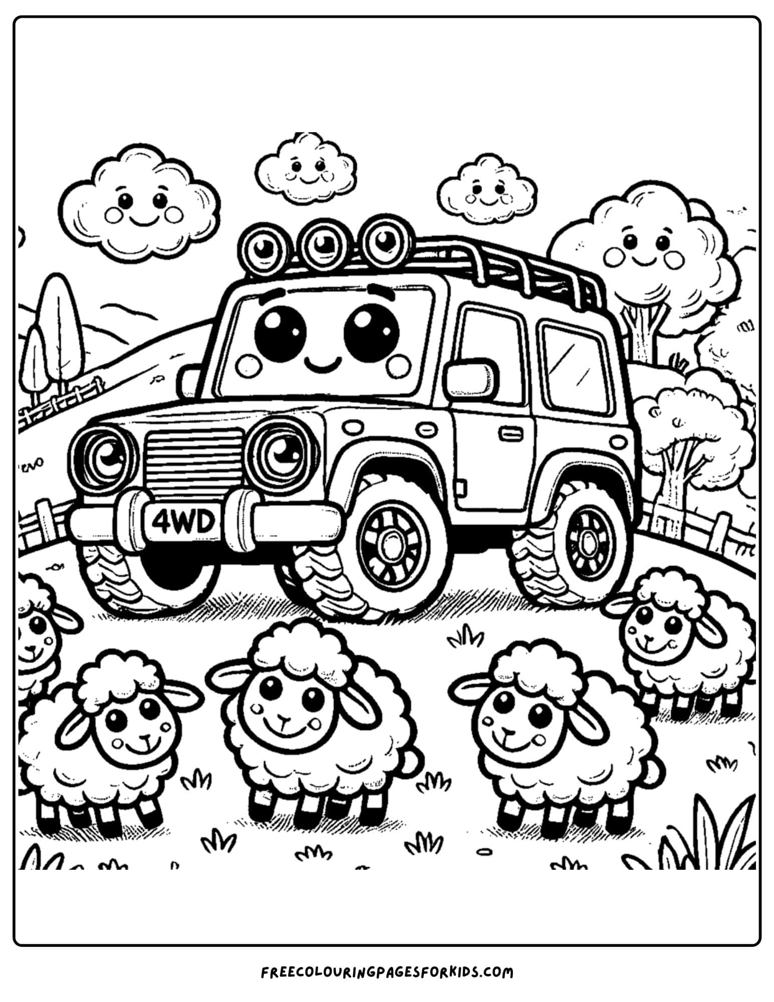 4wd with sheep on a hillside coloring page