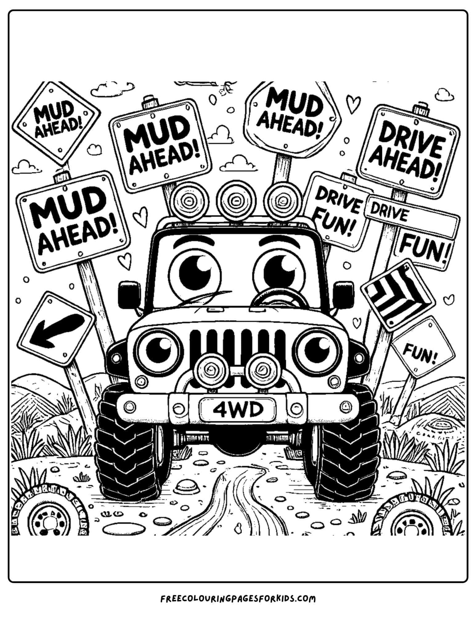 4wd surrounded by silly signs coloring page