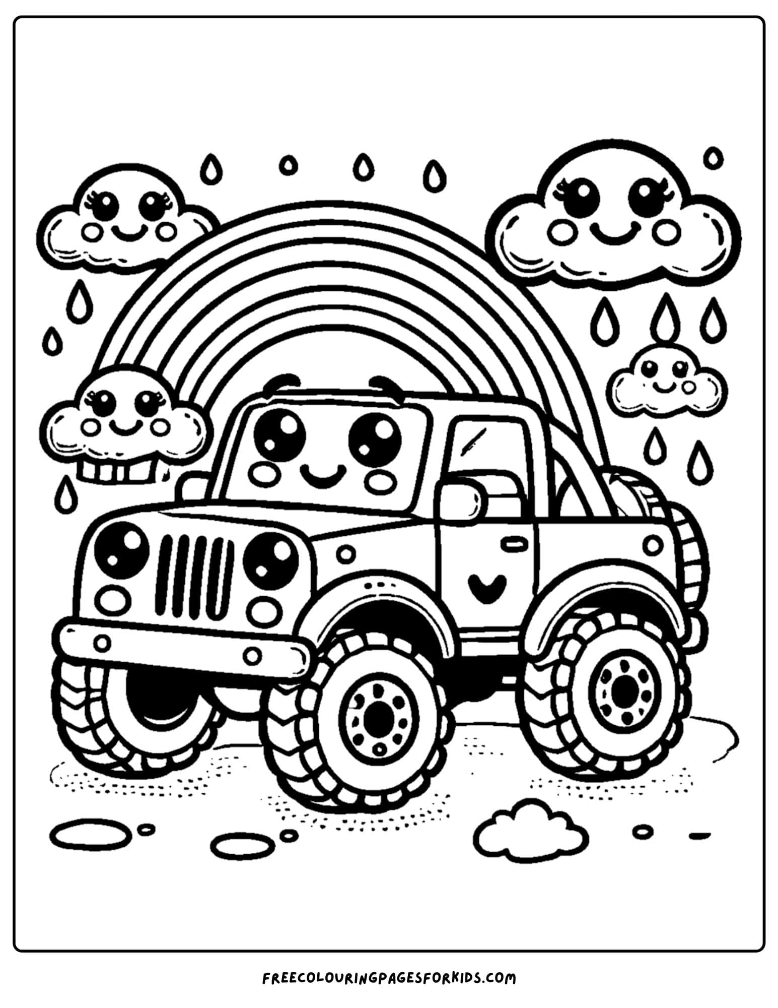 4wd driving under a rainbow coloring page