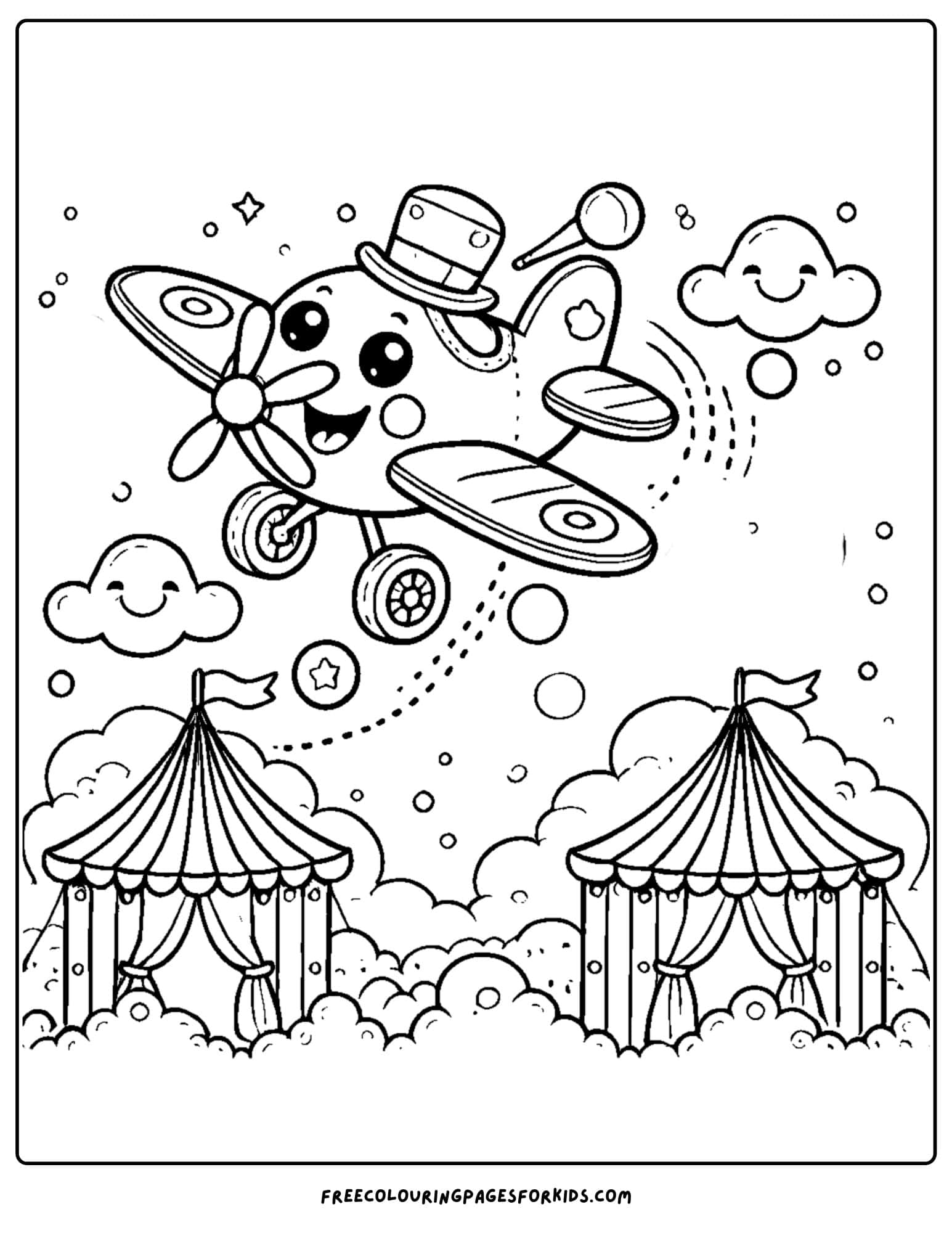 airplane flying over a circus coloring page