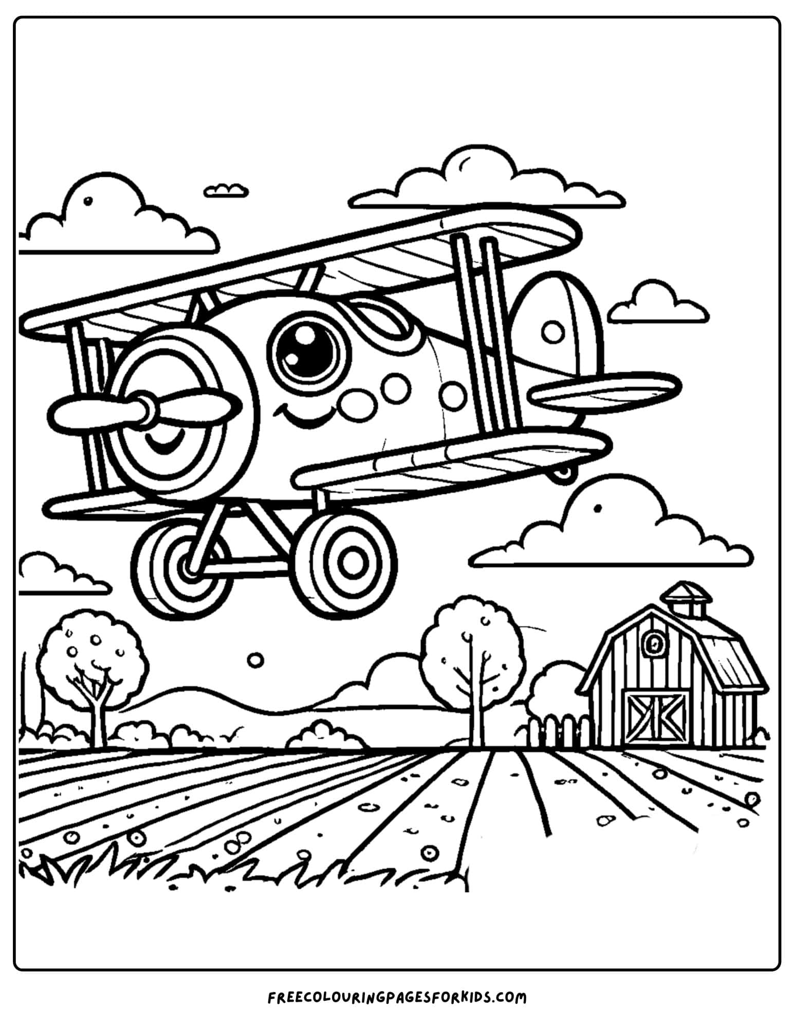 airplane flying over a field coloring page