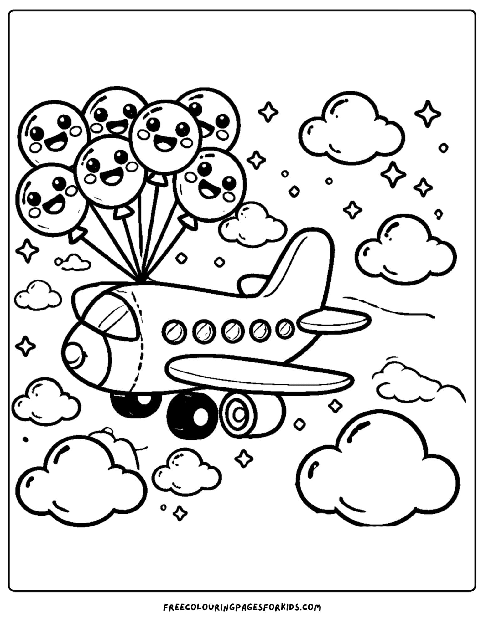 airplane flying and holding balloons coloring page