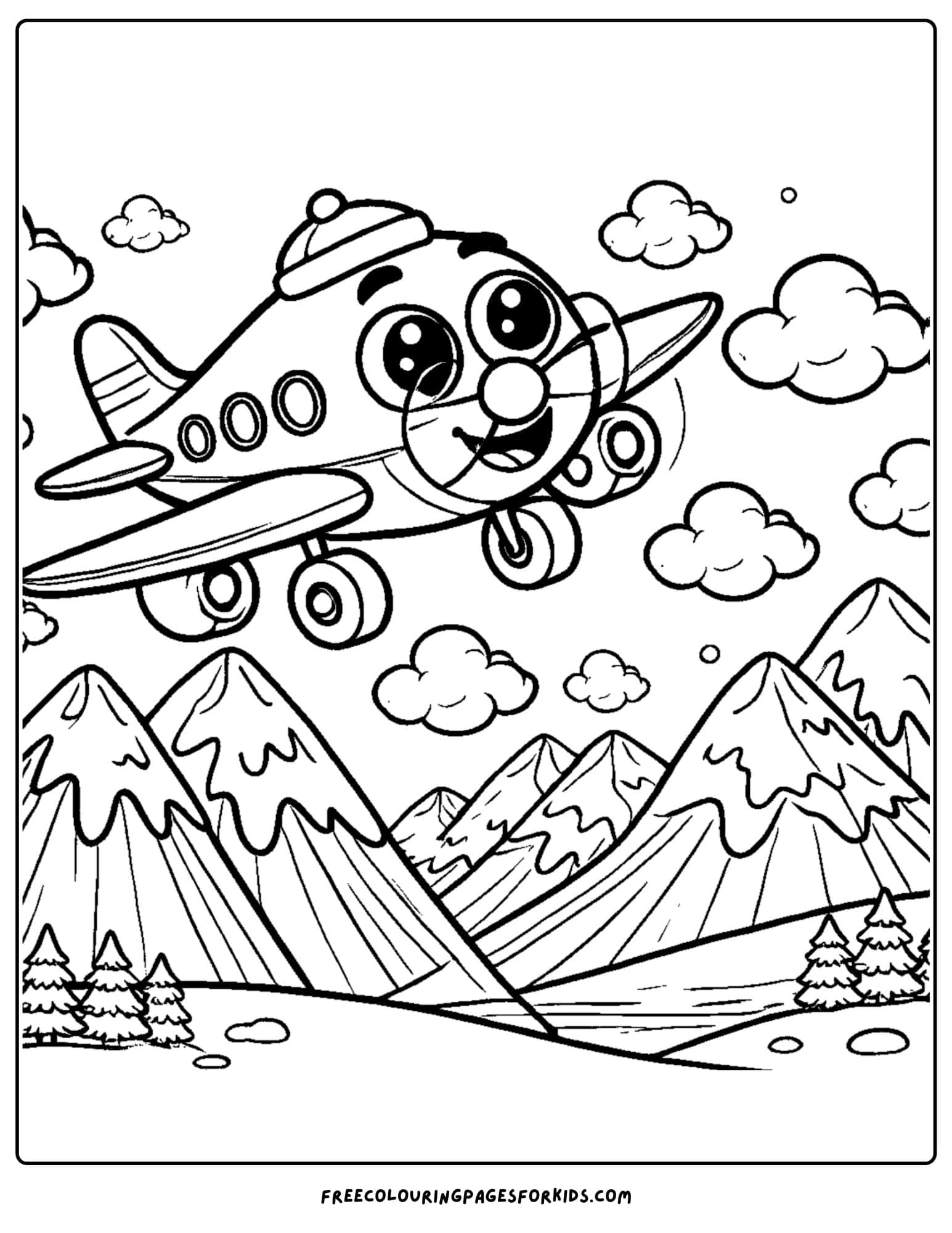 airplane flying over mountains coloring page