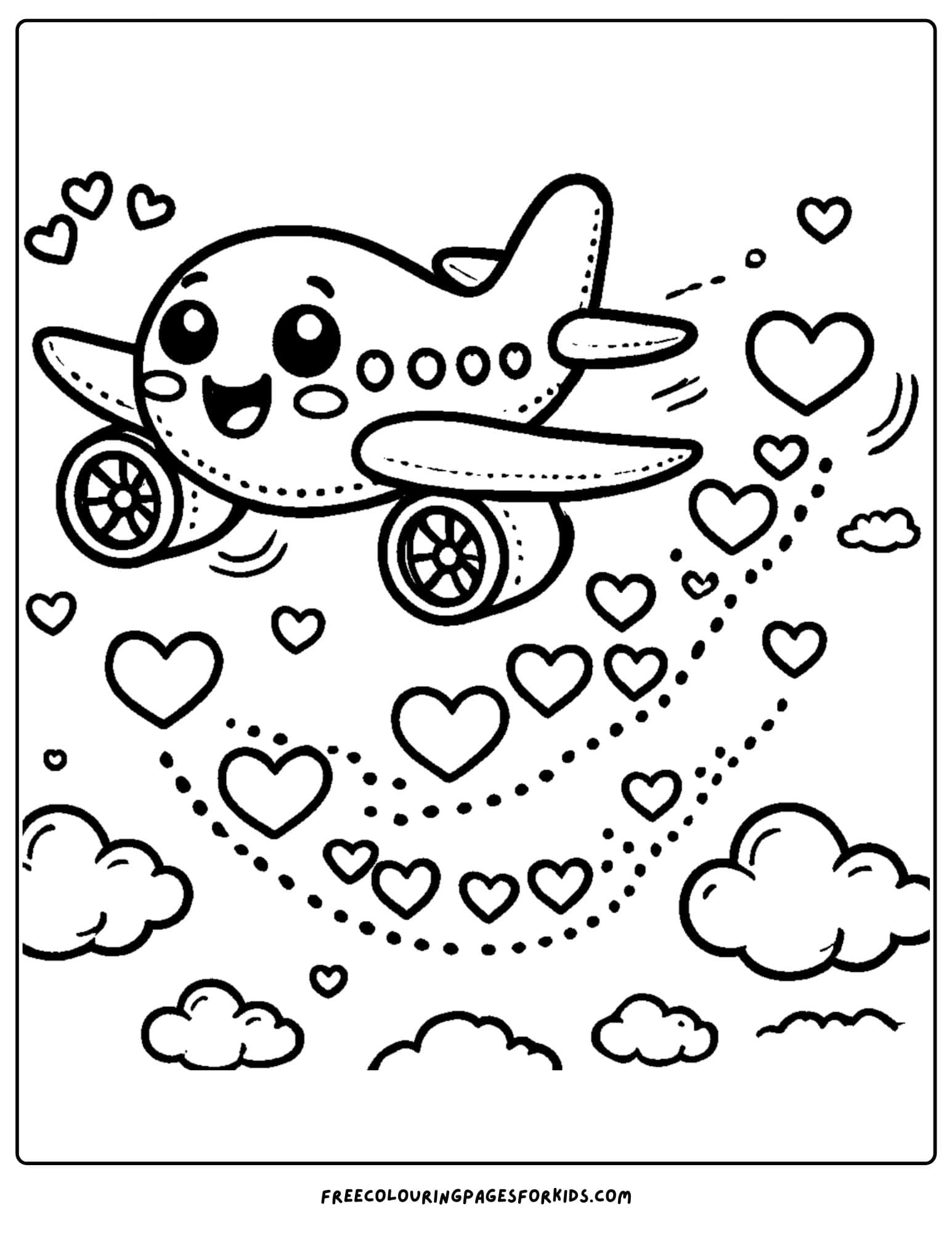 airplane with heart shaped contrails coloring page