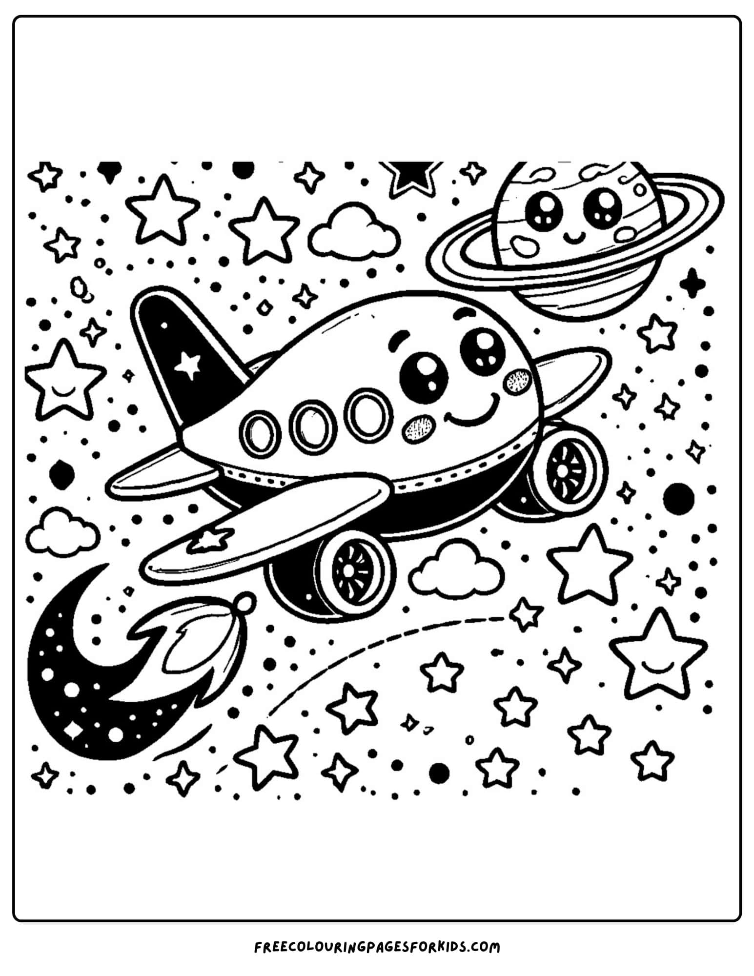 airplane flying in outspace coloring page