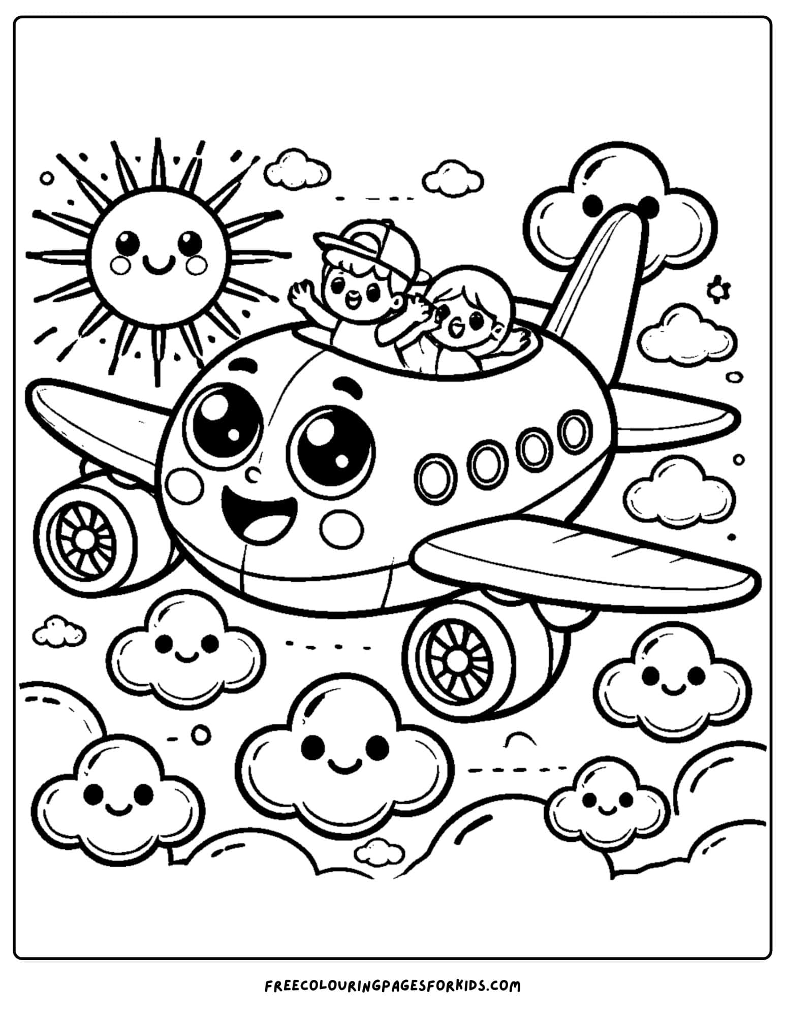 airplane with kids waving coloring page