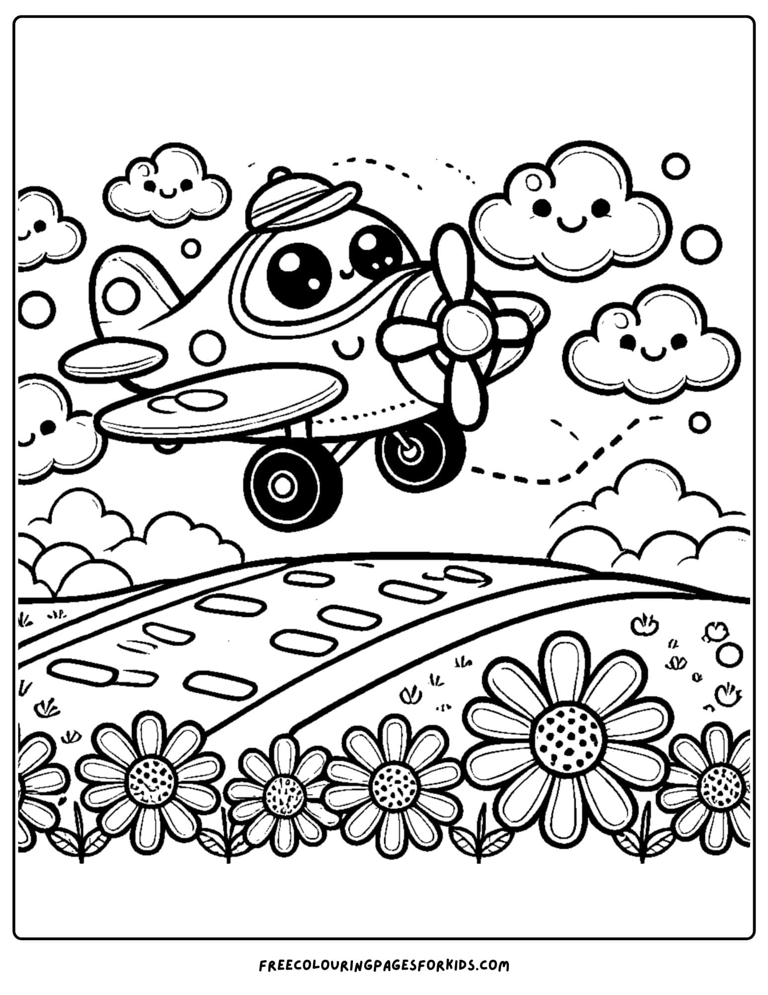 airplane landing with flowers around coloring page